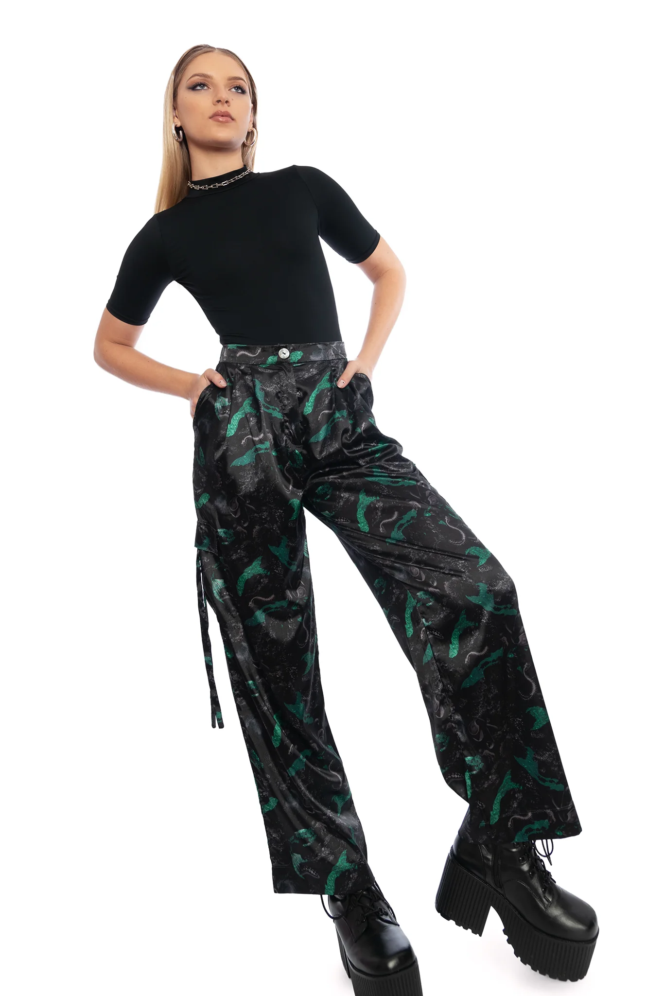 Abyss Wide Leg Satin Cargo Pants - Image 8