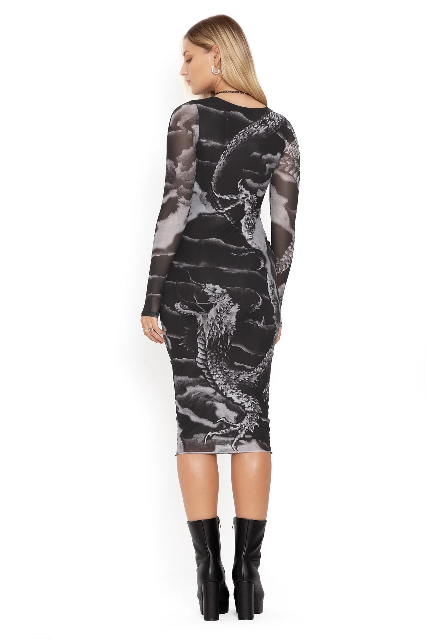 Ascending Dragon Descending Dragon Sheer Long Sleeve Bodycon Midi Dress - Image 2