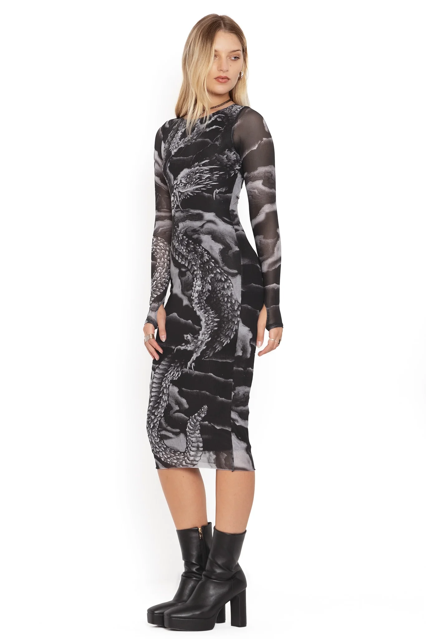 Ascending Dragon Descending Dragon Sheer Long Sleeve Bodycon Midi Dress - Image 5