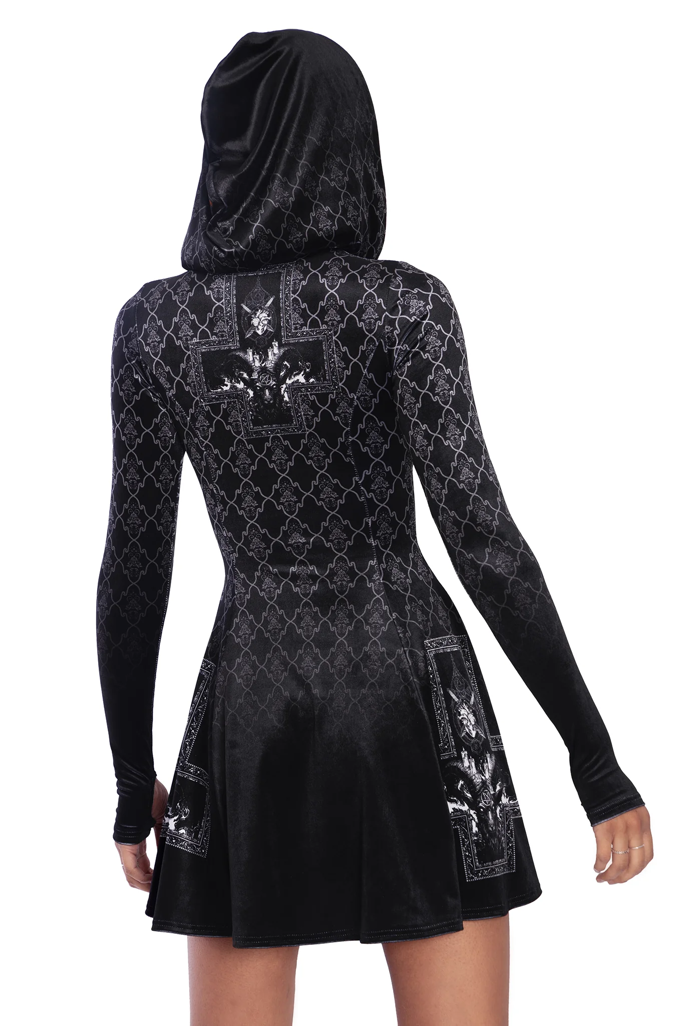 Baphomet Hooded Velvet LS Evil Mini Skater Dress - Image 2