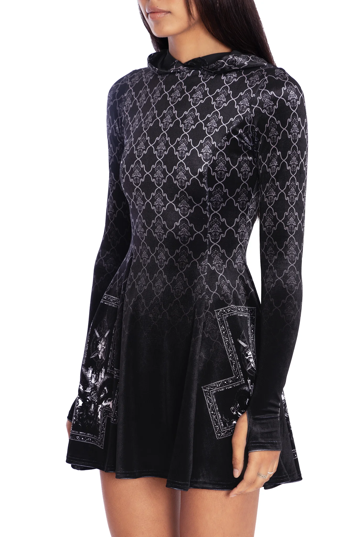 Baphomet Hooded Velvet LS Evil Mini Skater Dress - Image 3