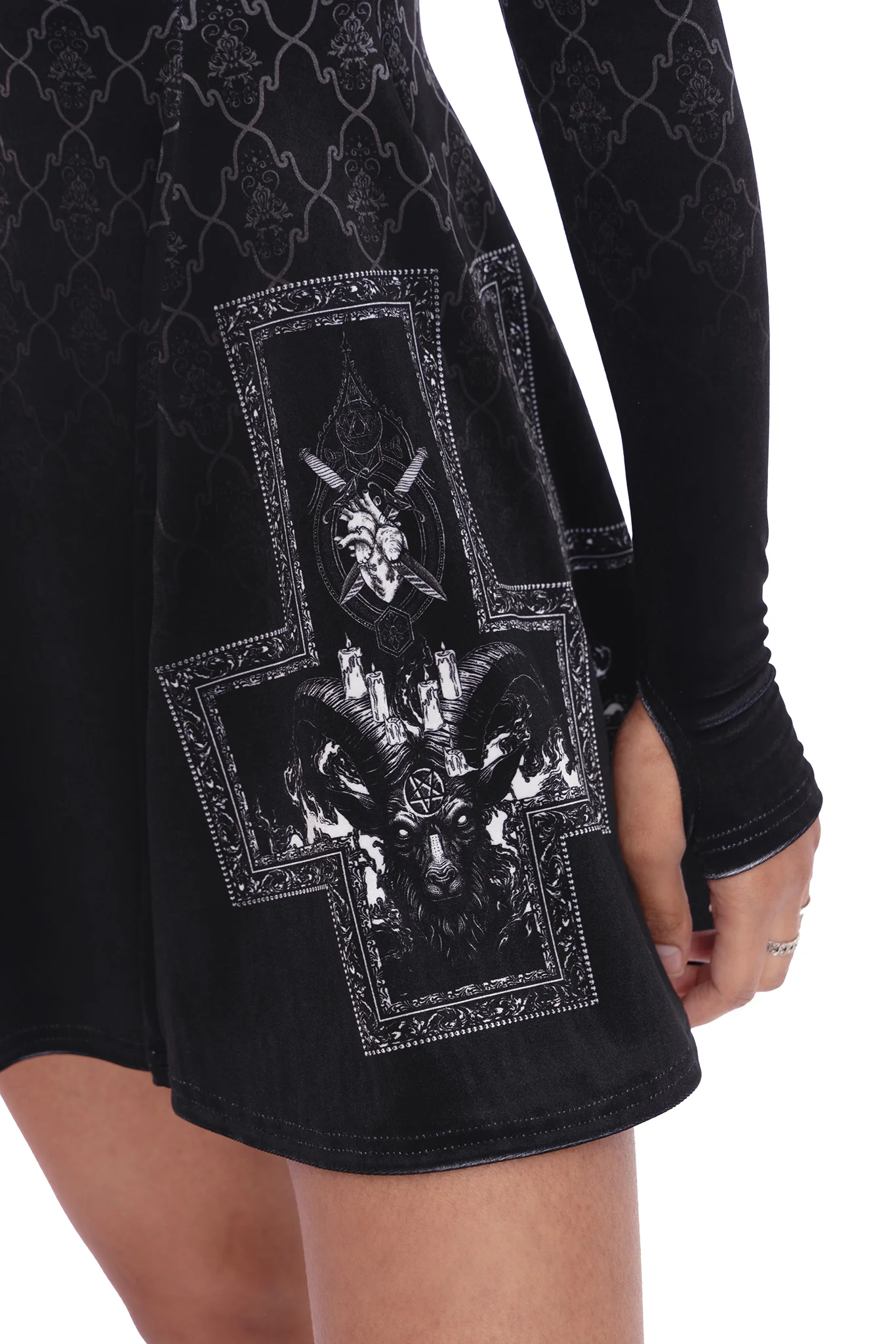 Baphomet Hooded Velvet LS Evil Mini Skater Dress - Image 4