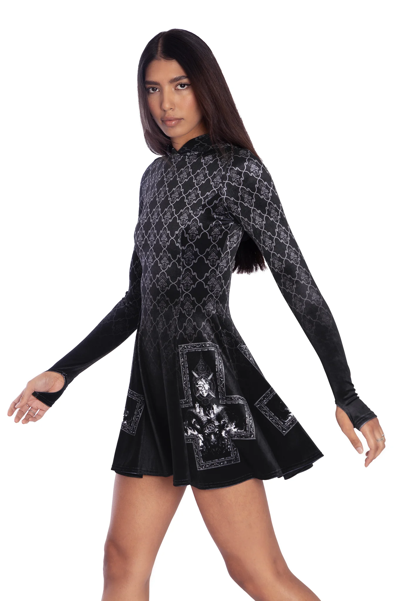Baphomet Hooded Velvet LS Evil Mini Skater Dress - Image 5