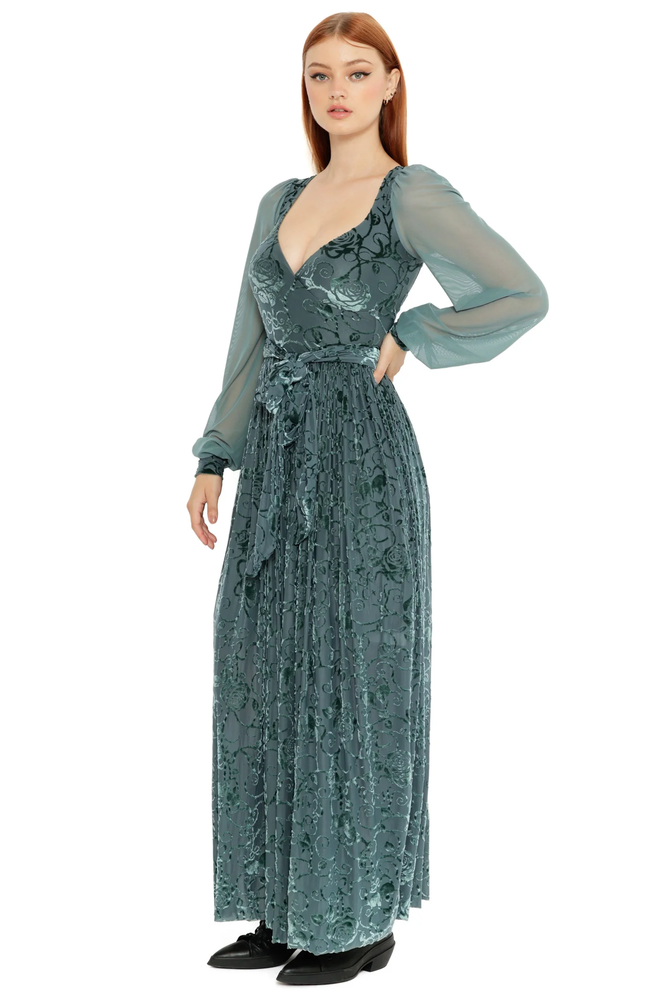 Be With Me Always Juniper Burned Velvet Sheer Romance Maxi Dress - Image 3