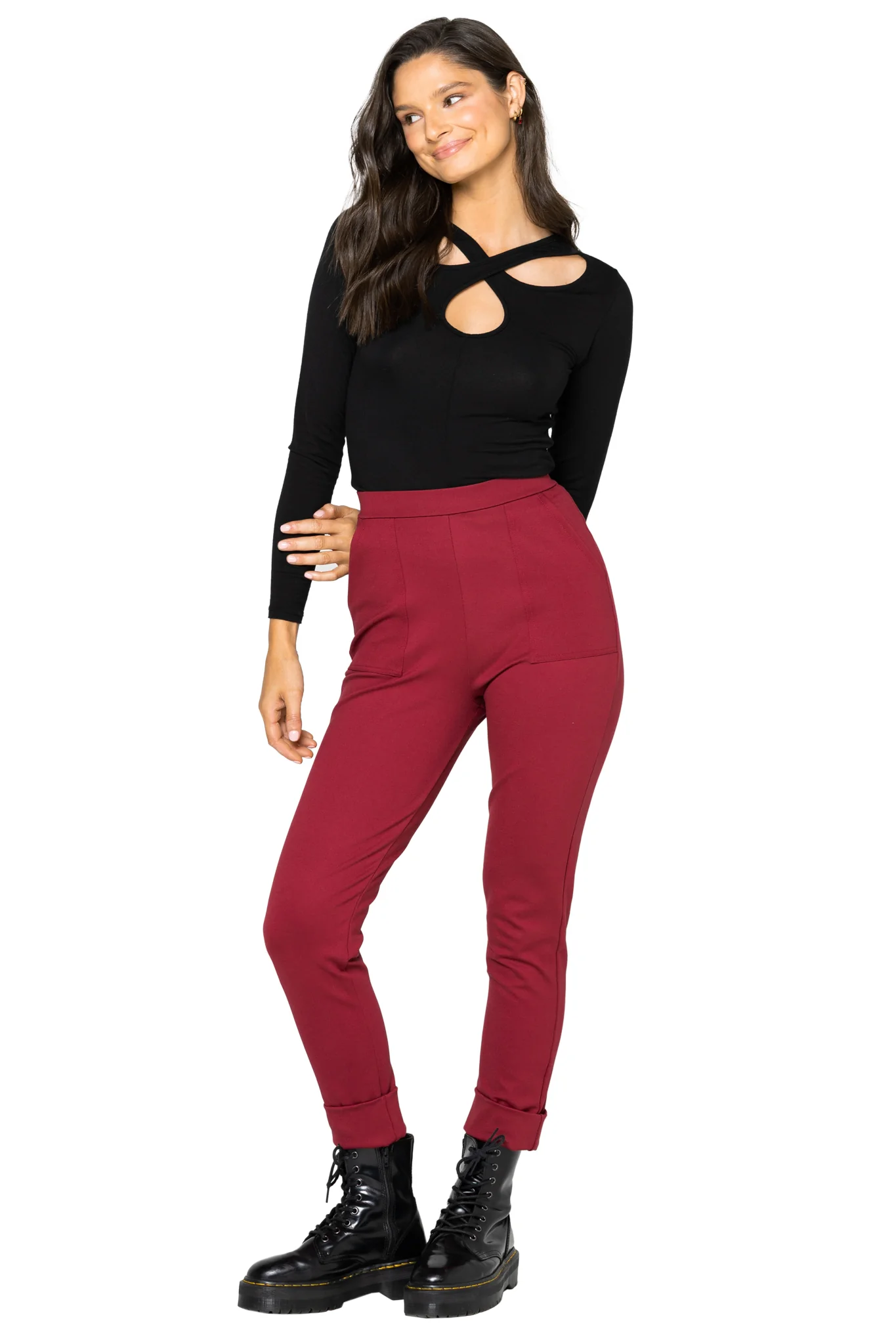 Berry Push It Ponte High Waisted Cuffed Pants - Image 5