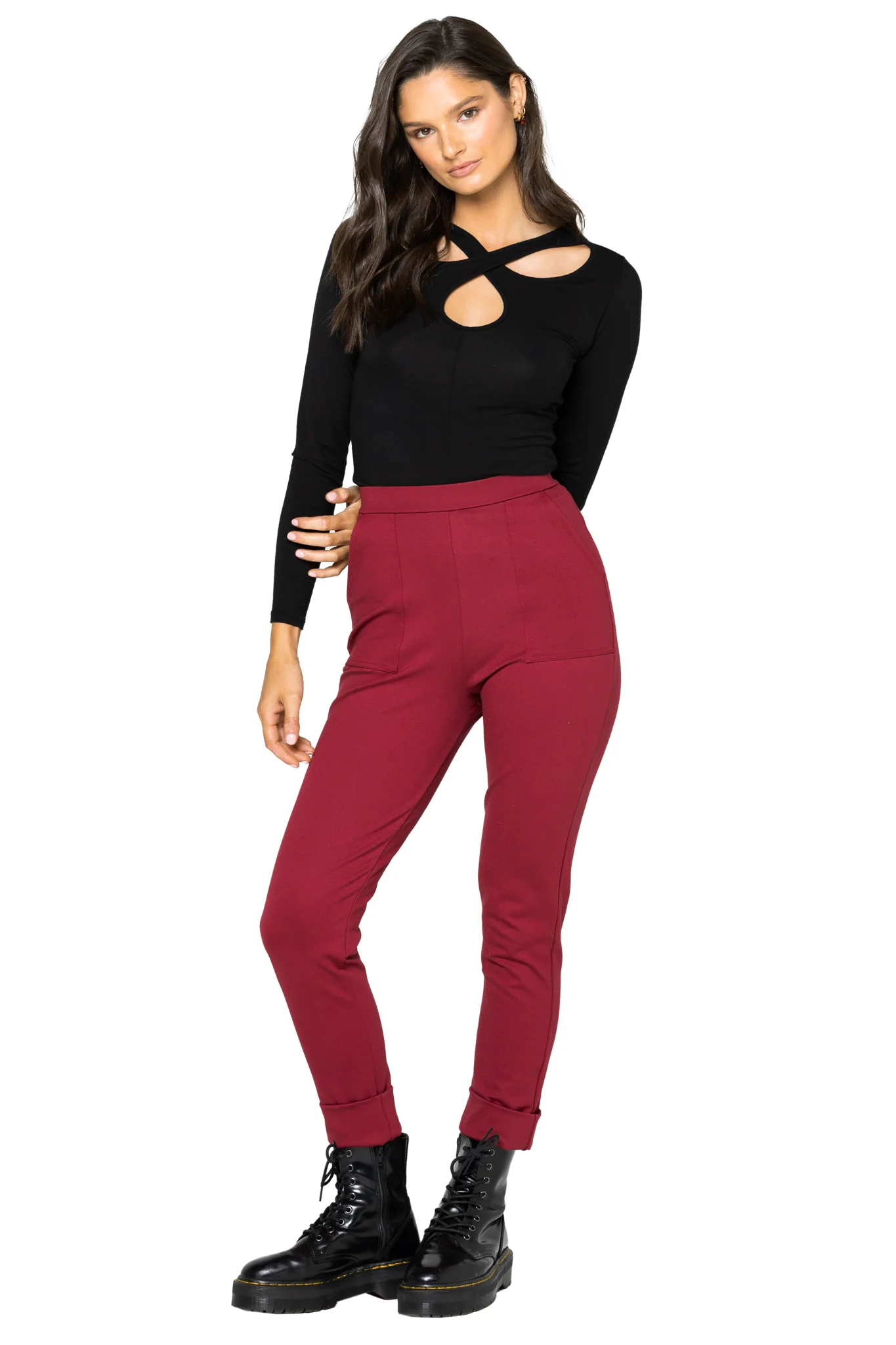 Berry Push It Ponte High Waisted Cuffed Pants - Image 6