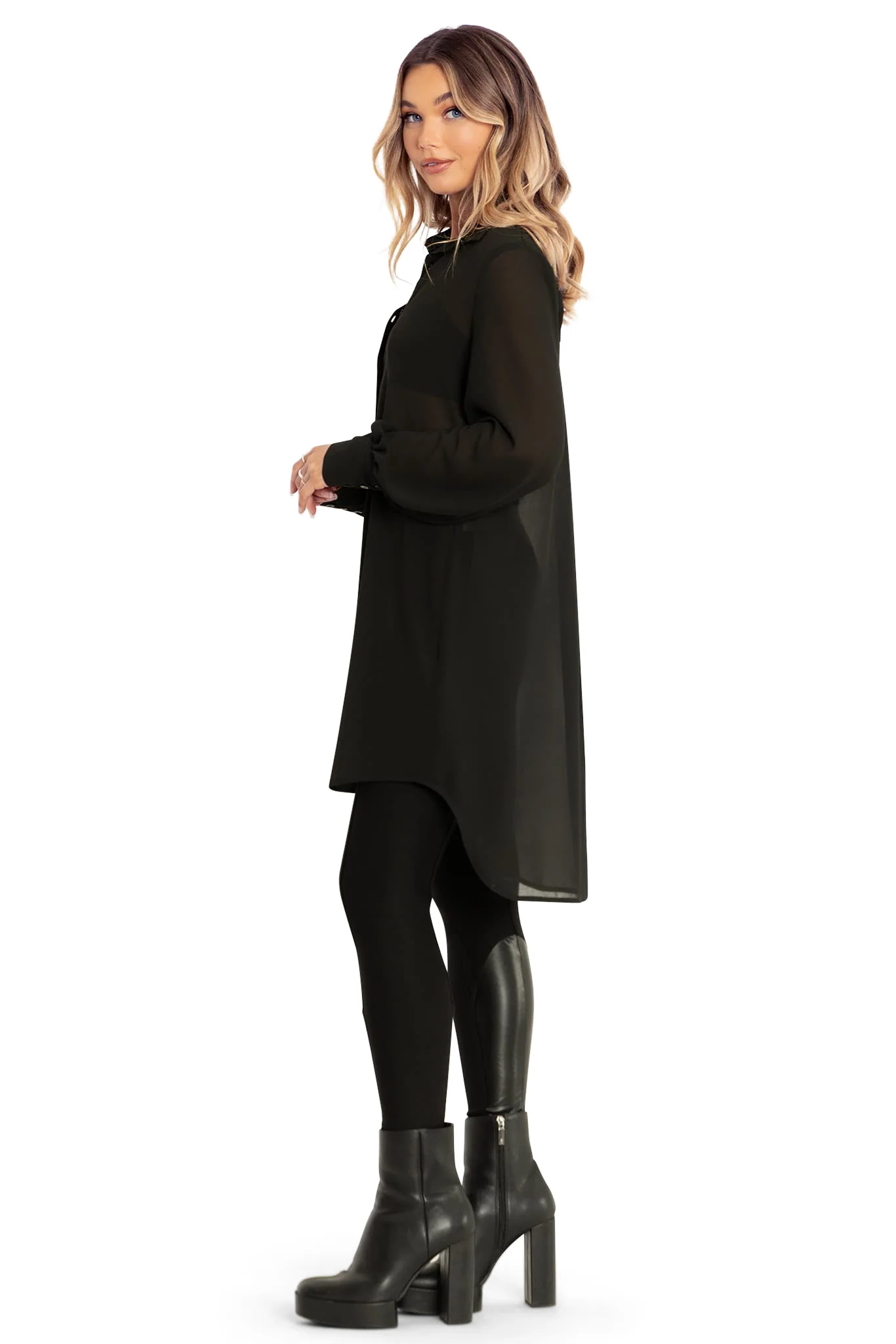 Black Sheer Long Sleeve Oversized Shirt Dress - Image 4