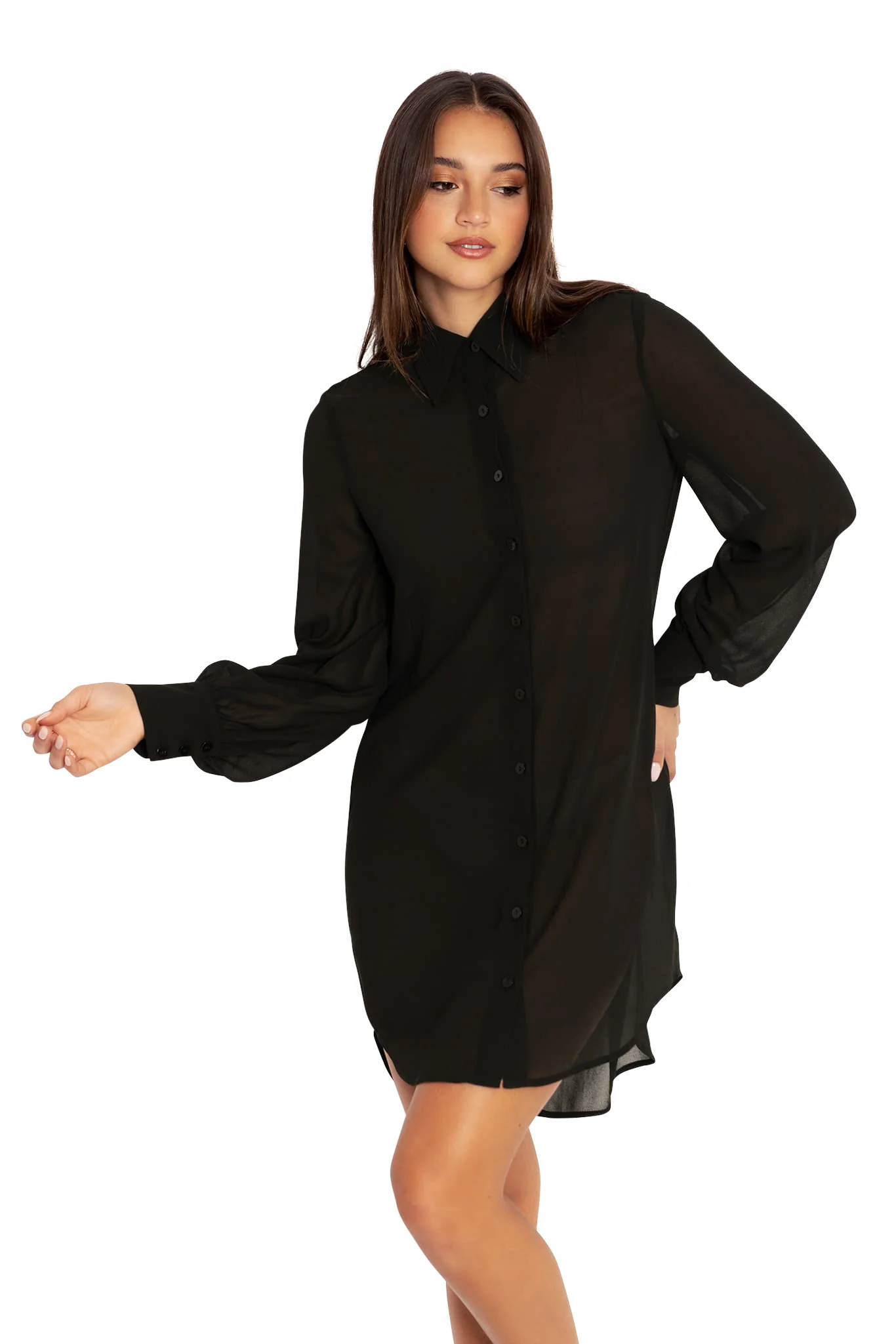 Black Sheer Long Sleeve Oversized Shirt Dress - Image 6
