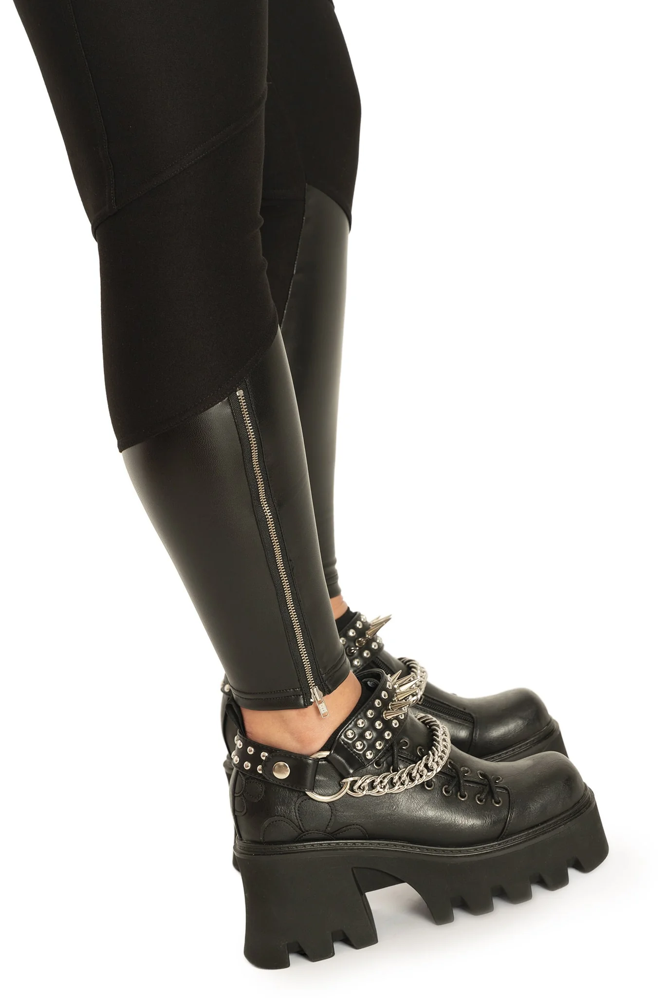Black Splice Panelled HW Zip Leggings - Image 4