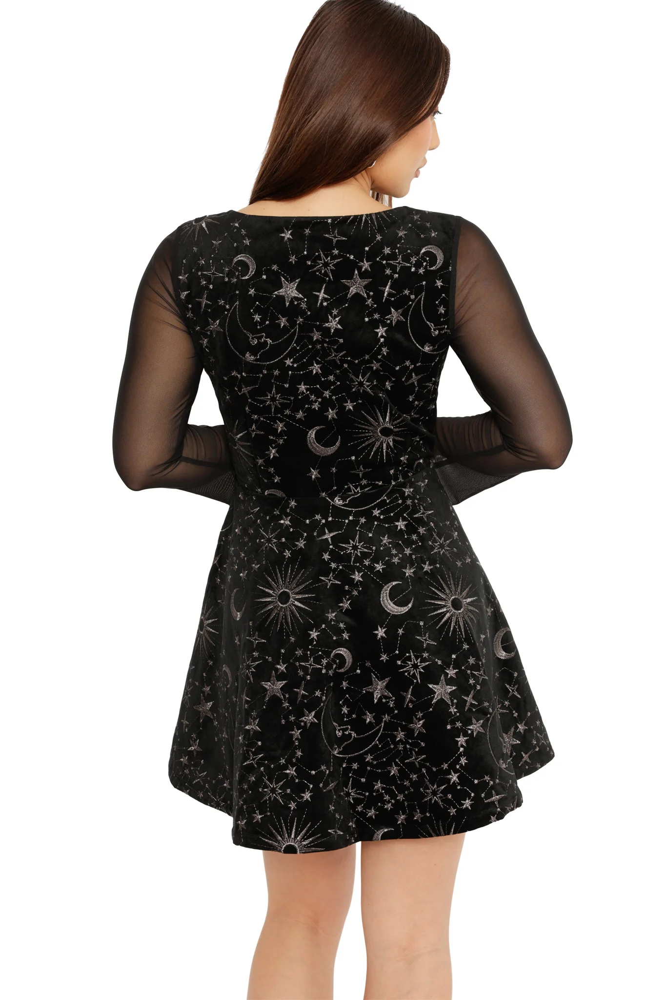 Black Starburst Velvet Long Sleeve Skater Dress - Image 2