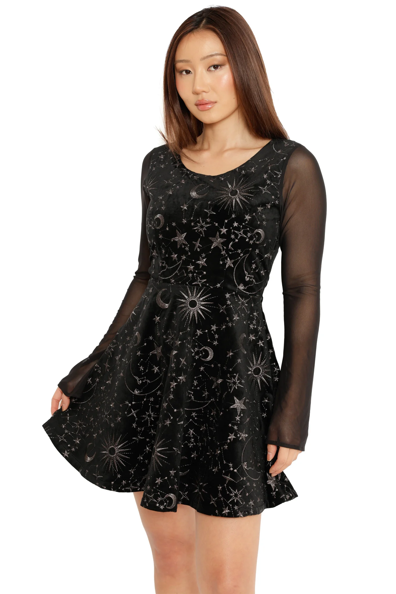 Black Starburst Velvet Long Sleeve Skater Dress - Image 3