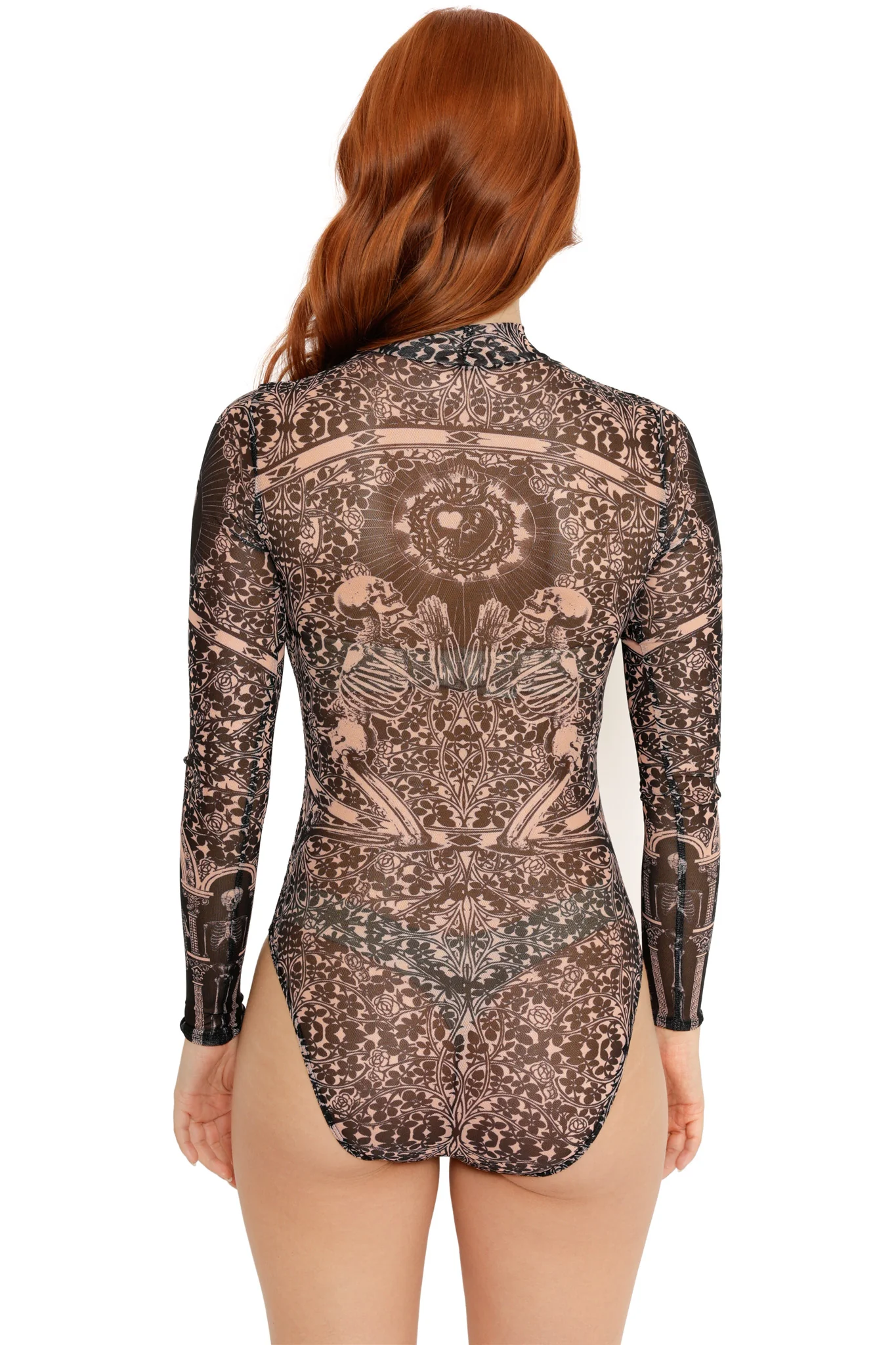 Blood Sacrifice Beige Sheer High Neck Long Sleeve Bodysuit - Image 4