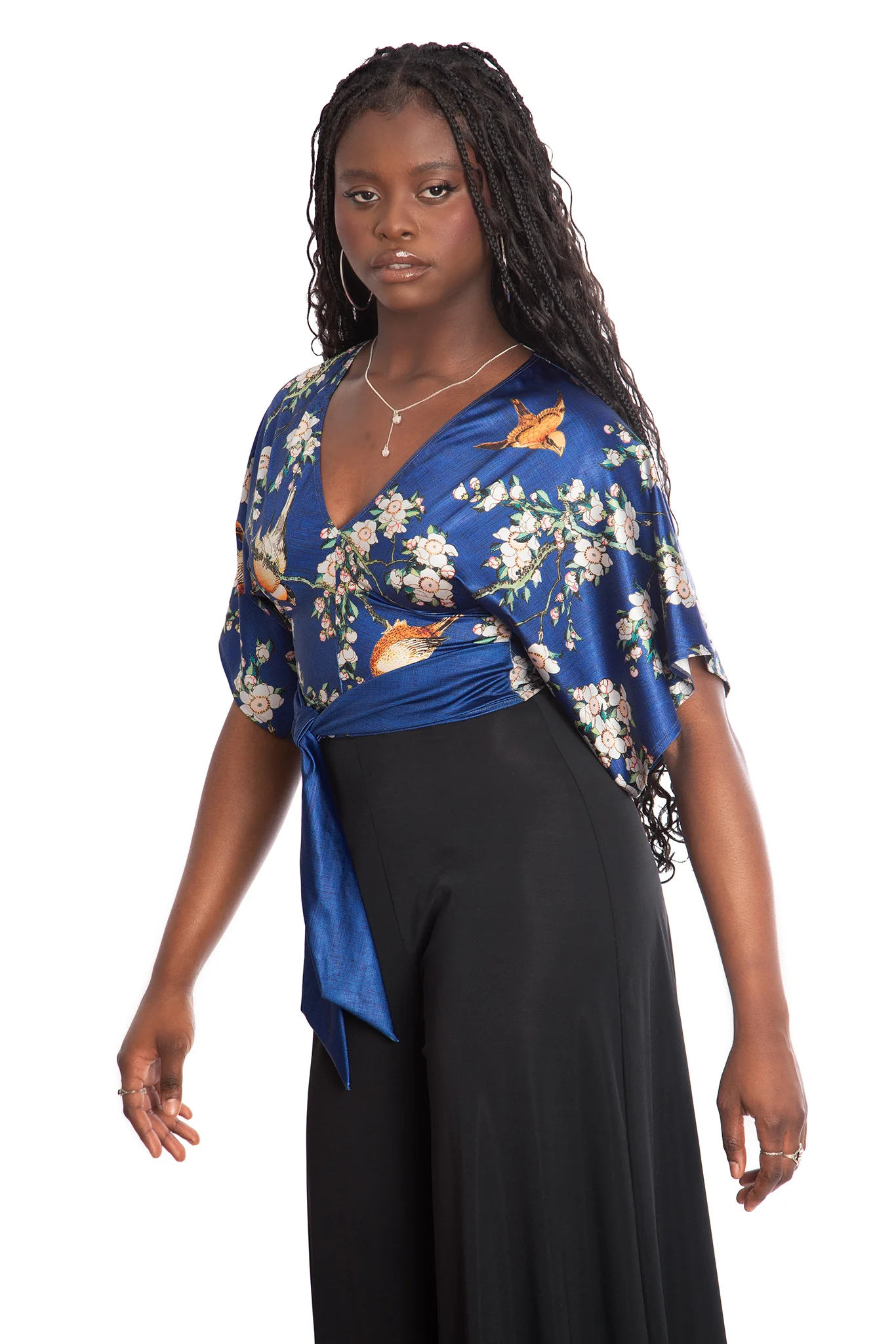 Bullfinch And Weeping Cherry Blossoms Shiny Kimono Tie Top - Image 7