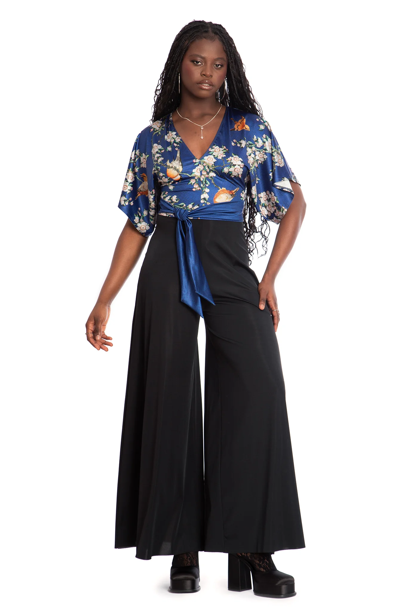 Bullfinch And Weeping Cherry Blossoms Shiny Kimono Tie Top - Image 8