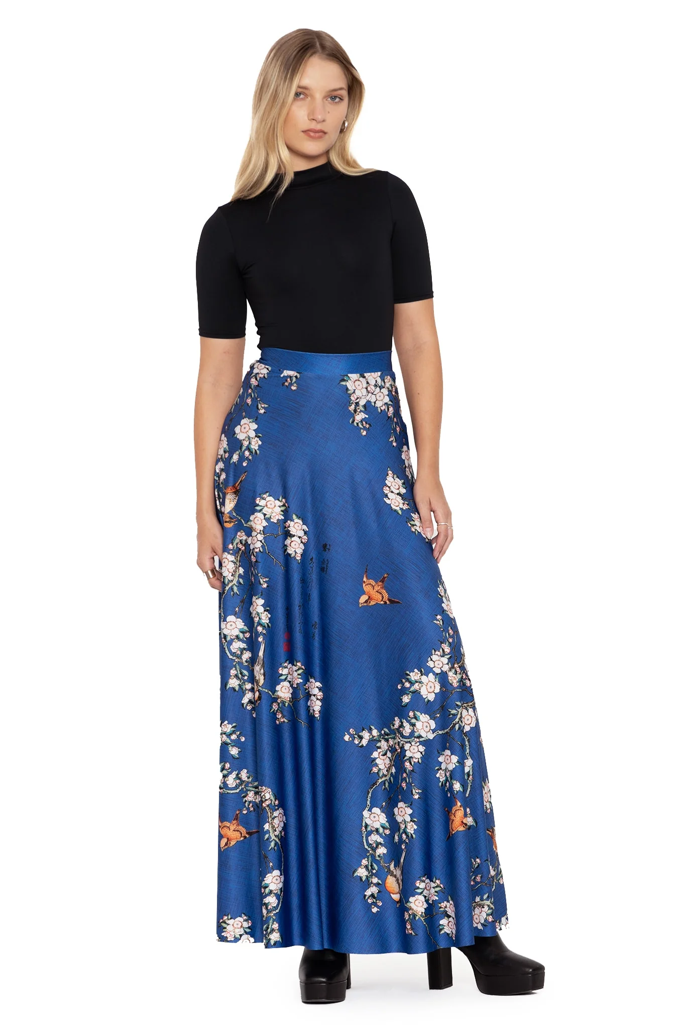 Bullfinch And Weeping Cherry Blossoms Maxi Skirt