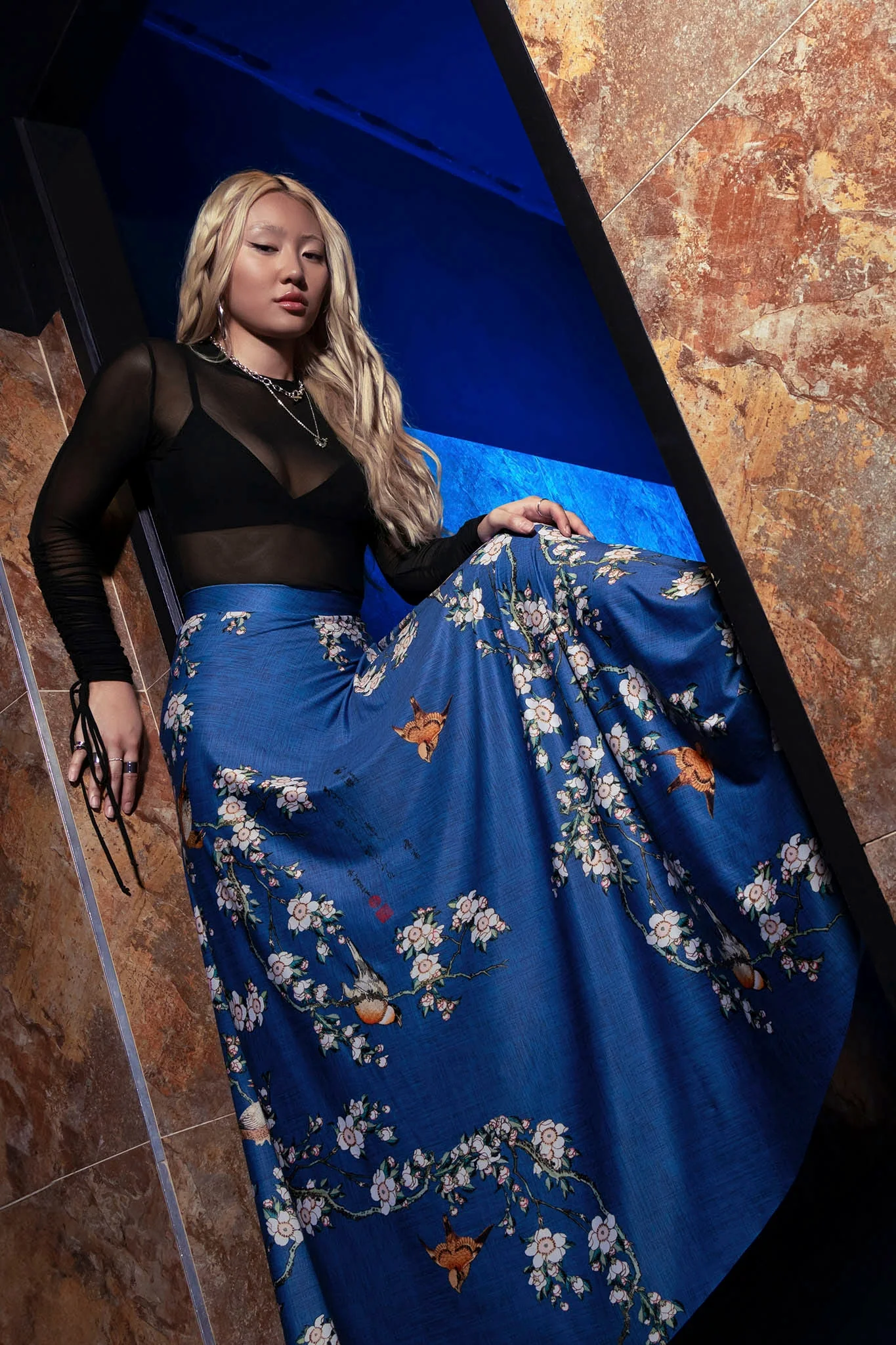 Bullfinch And Weeping Cherry Blossoms Maxi Skirt - Image 4