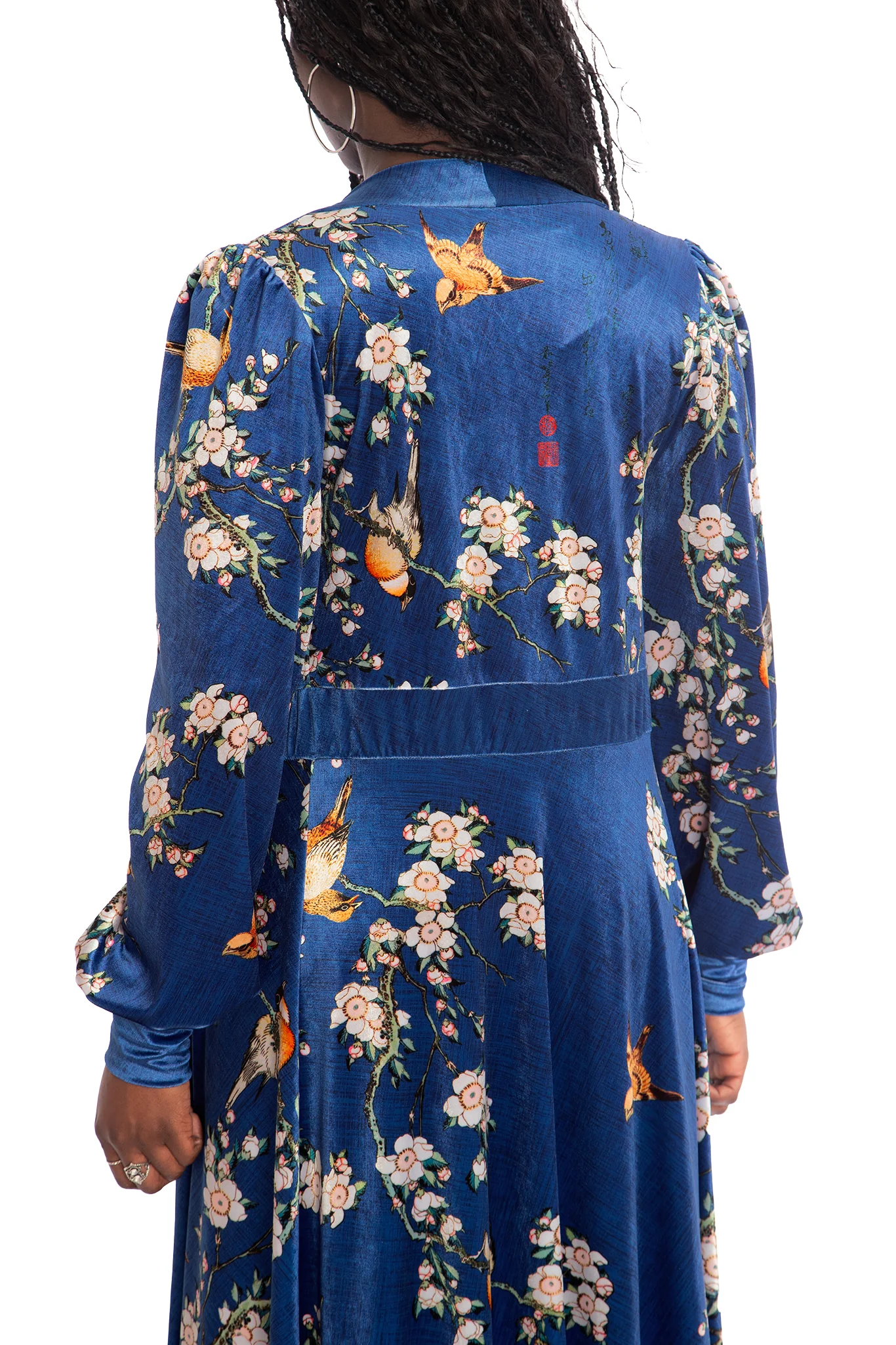 Bullfinch And Weeping Cherry Blossoms Velvet Maxi Jacket - Image 3