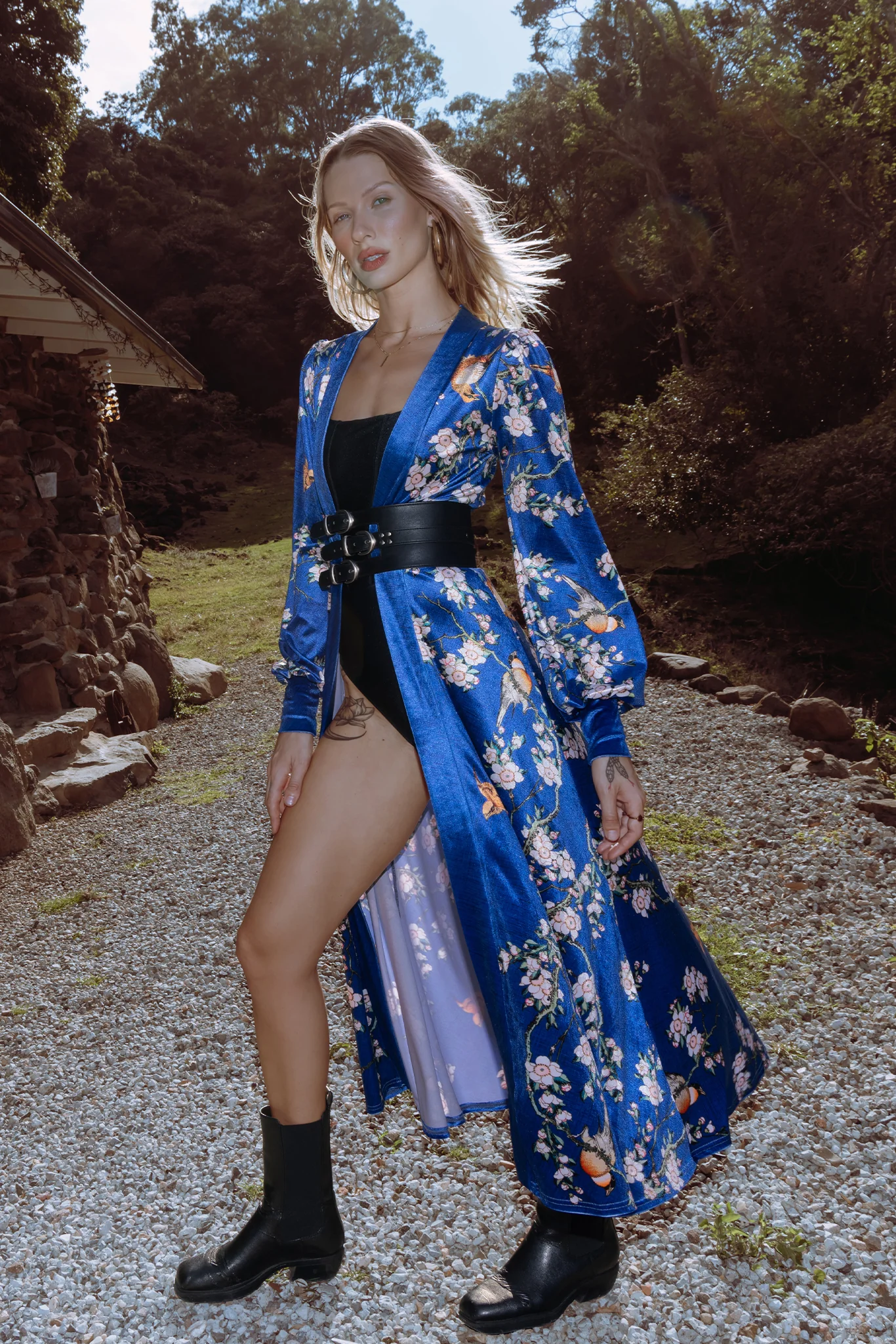 Bullfinch And Weeping Cherry Blossoms Velvet Maxi Jacket - Image 7