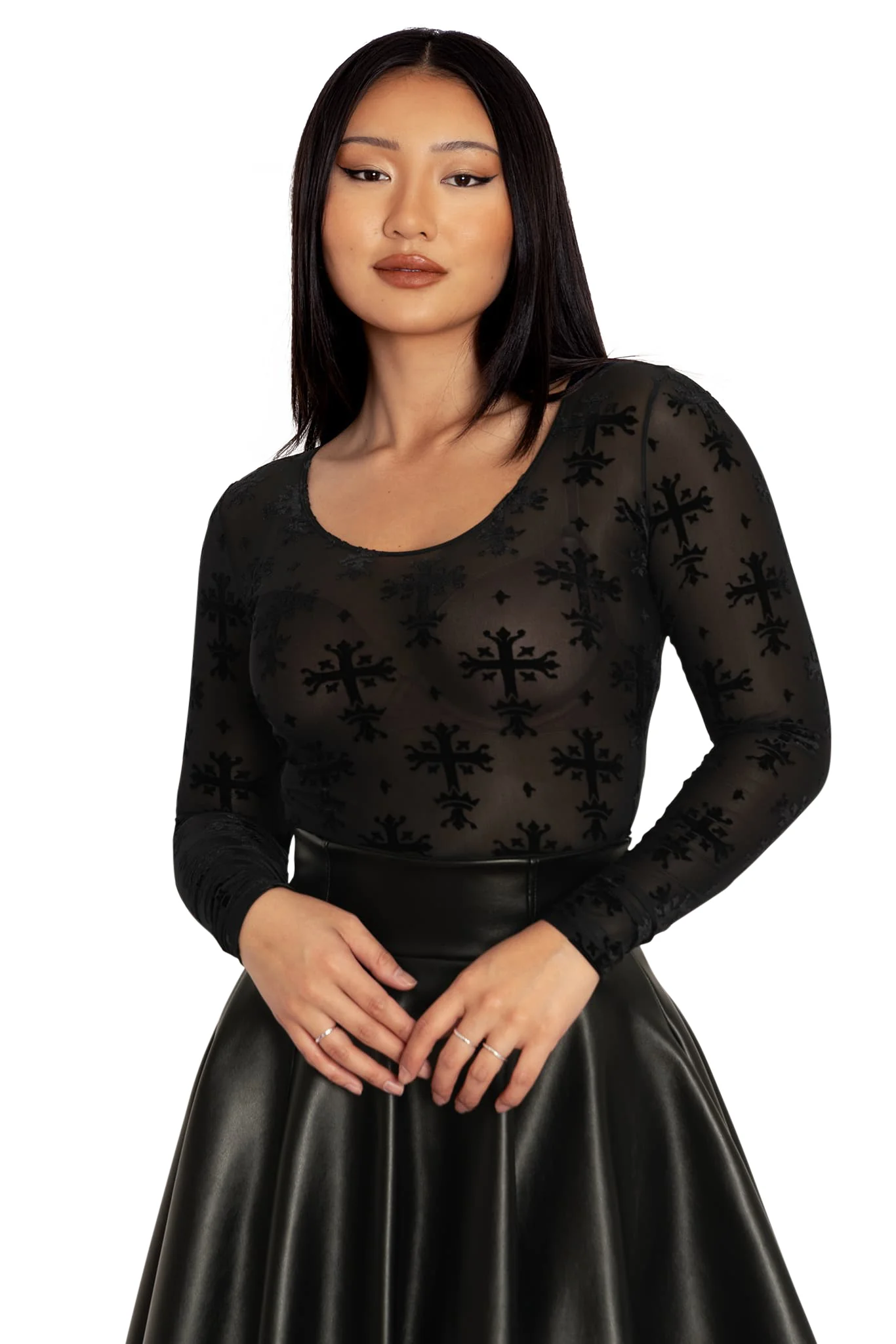 Burned Velvet Coffin Lining Black Long Sleeve Scoop Top