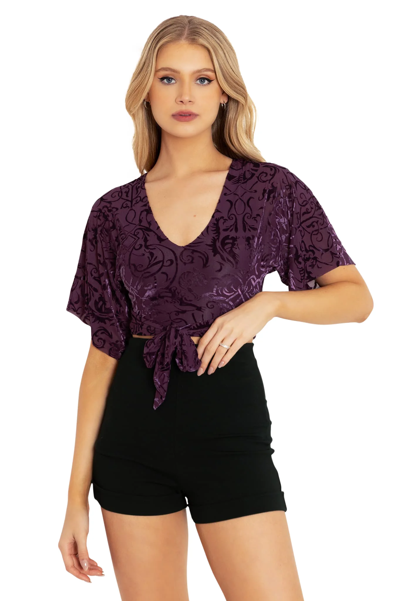 Burned Velvet Gothic Gates Plum Kimono Tie Top