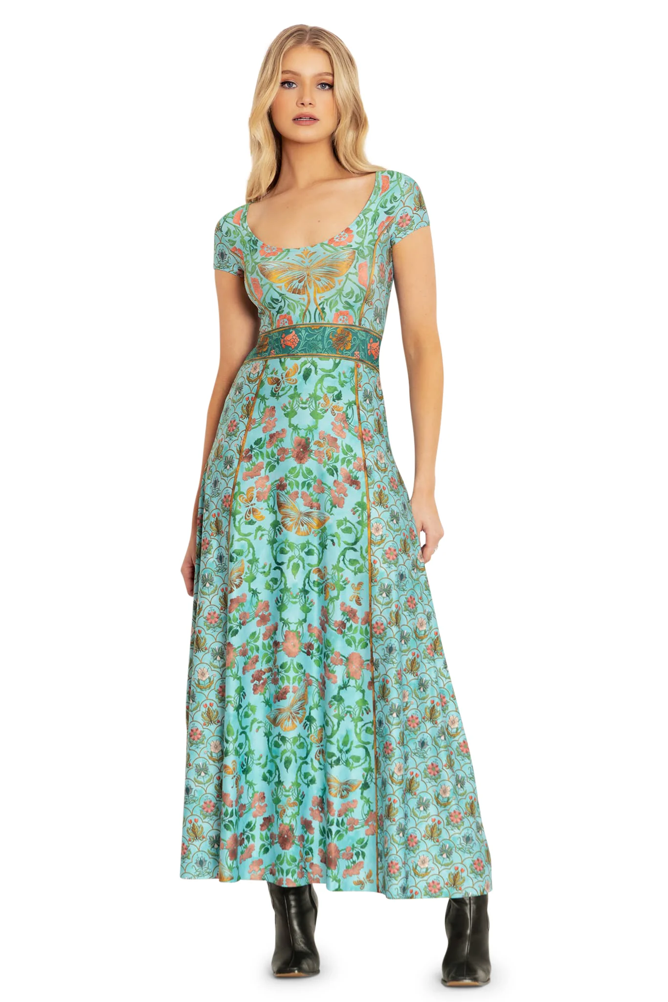 Butterfly Wallpaper Cap Sleeve Maxi Dress