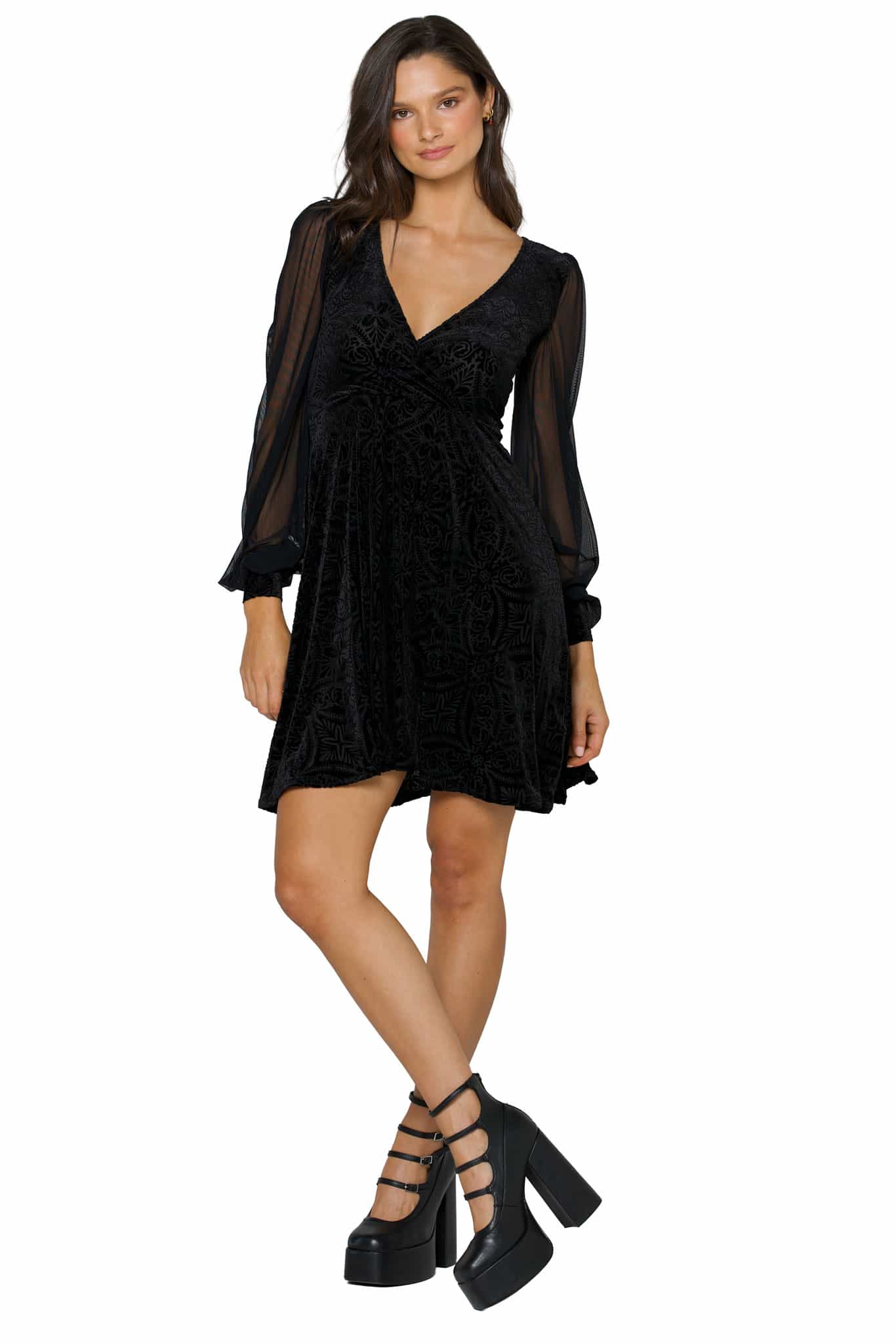 Black Burned Velvet Sheer Romance Longline Dress