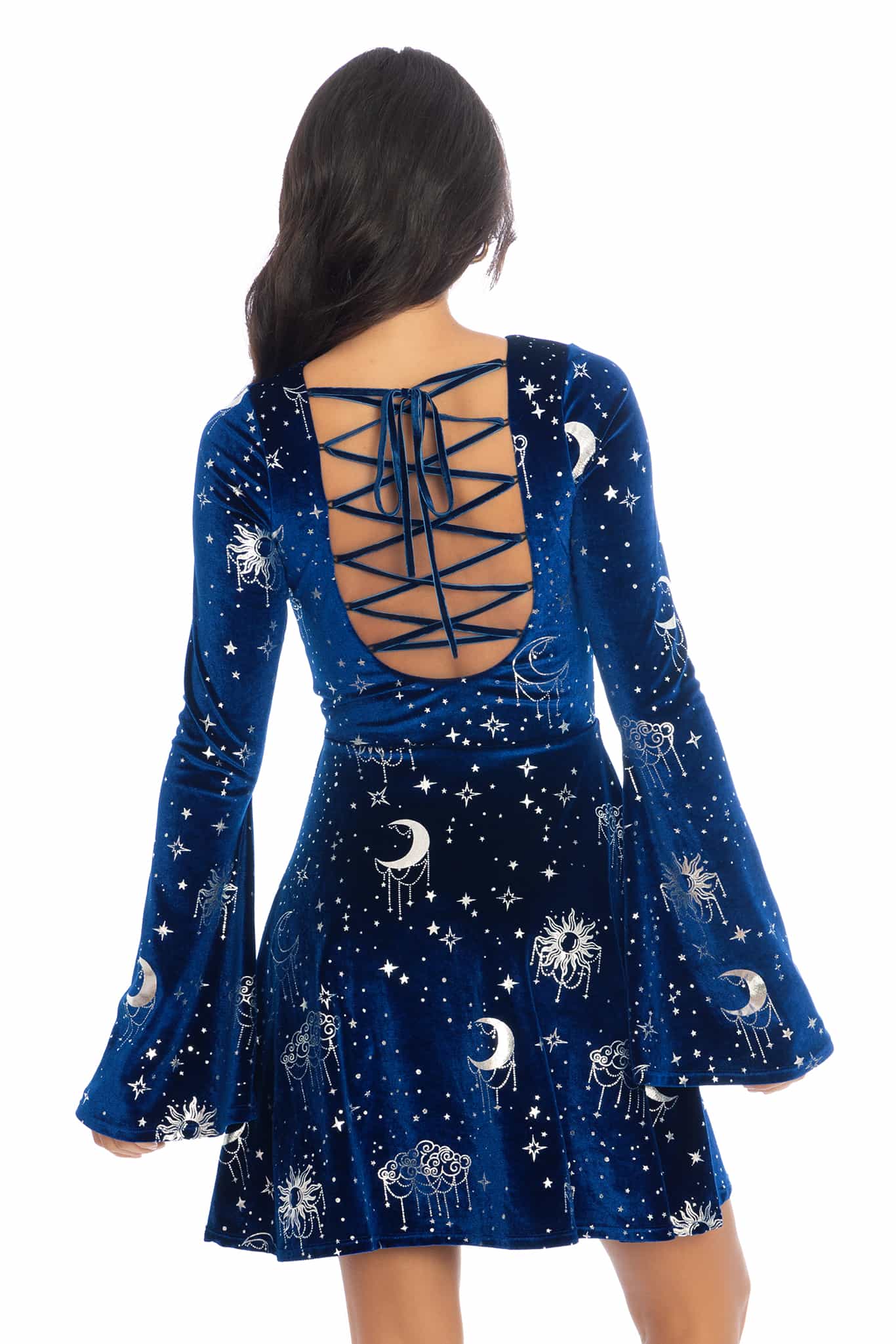 Celestial Chandelier Velvet Flare Sleeve Lace Back Dress - Image 2