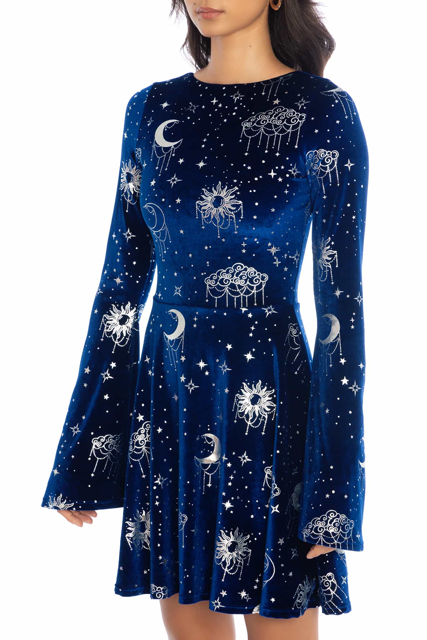 Celestial Chandelier Velvet Flare Sleeve Lace Back Dress - Image 3
