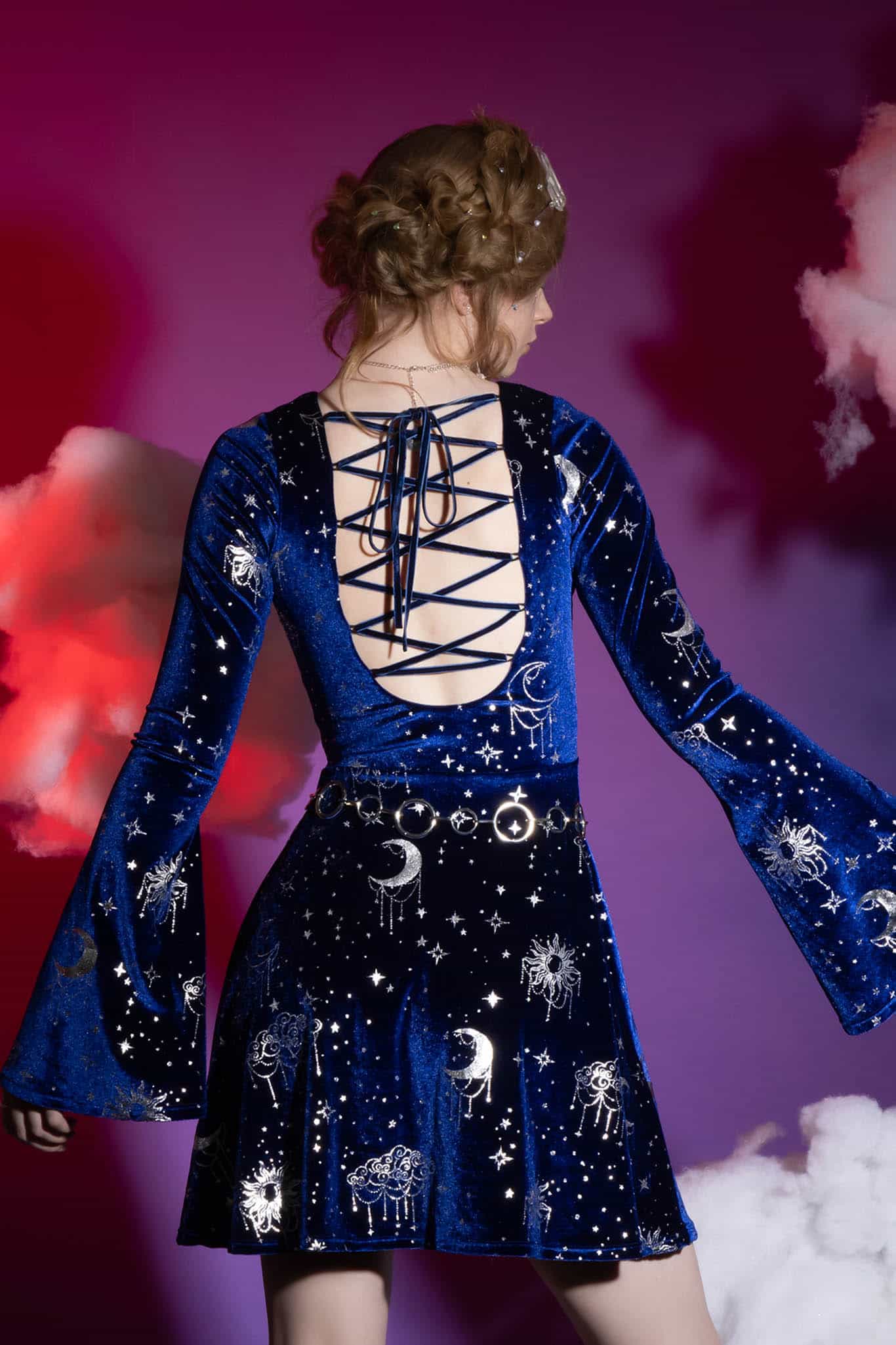 Celestial Chandelier Velvet Flare Sleeve Lace Back Dress - Image 4