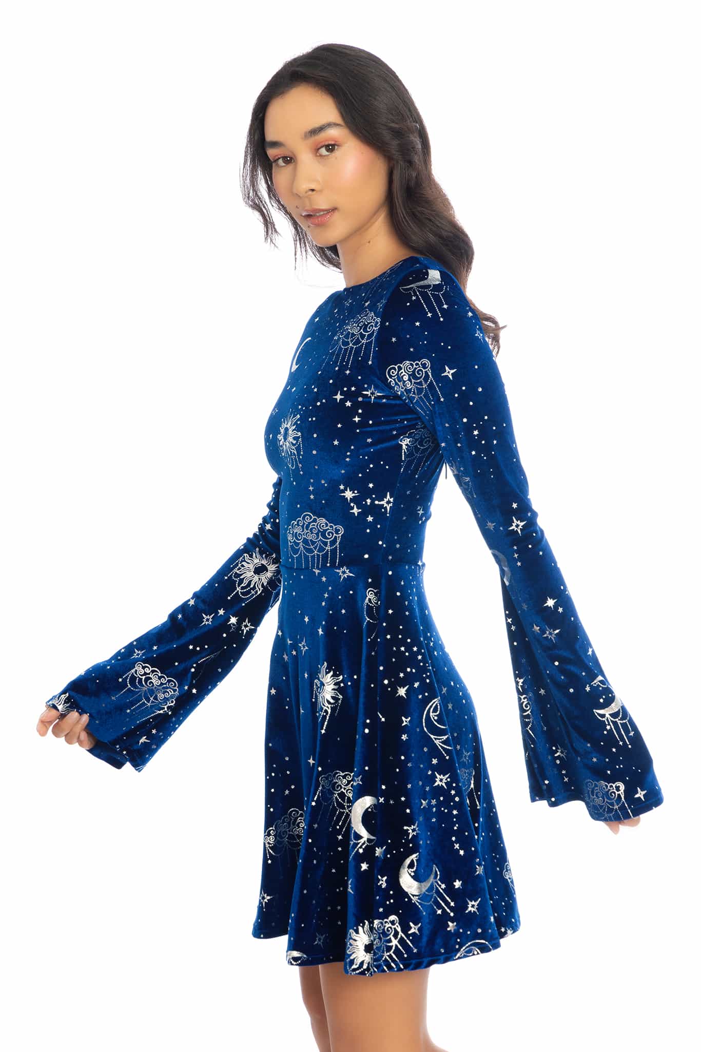 Celestial Chandelier Velvet Flare Sleeve Lace Back Dress - Image 5