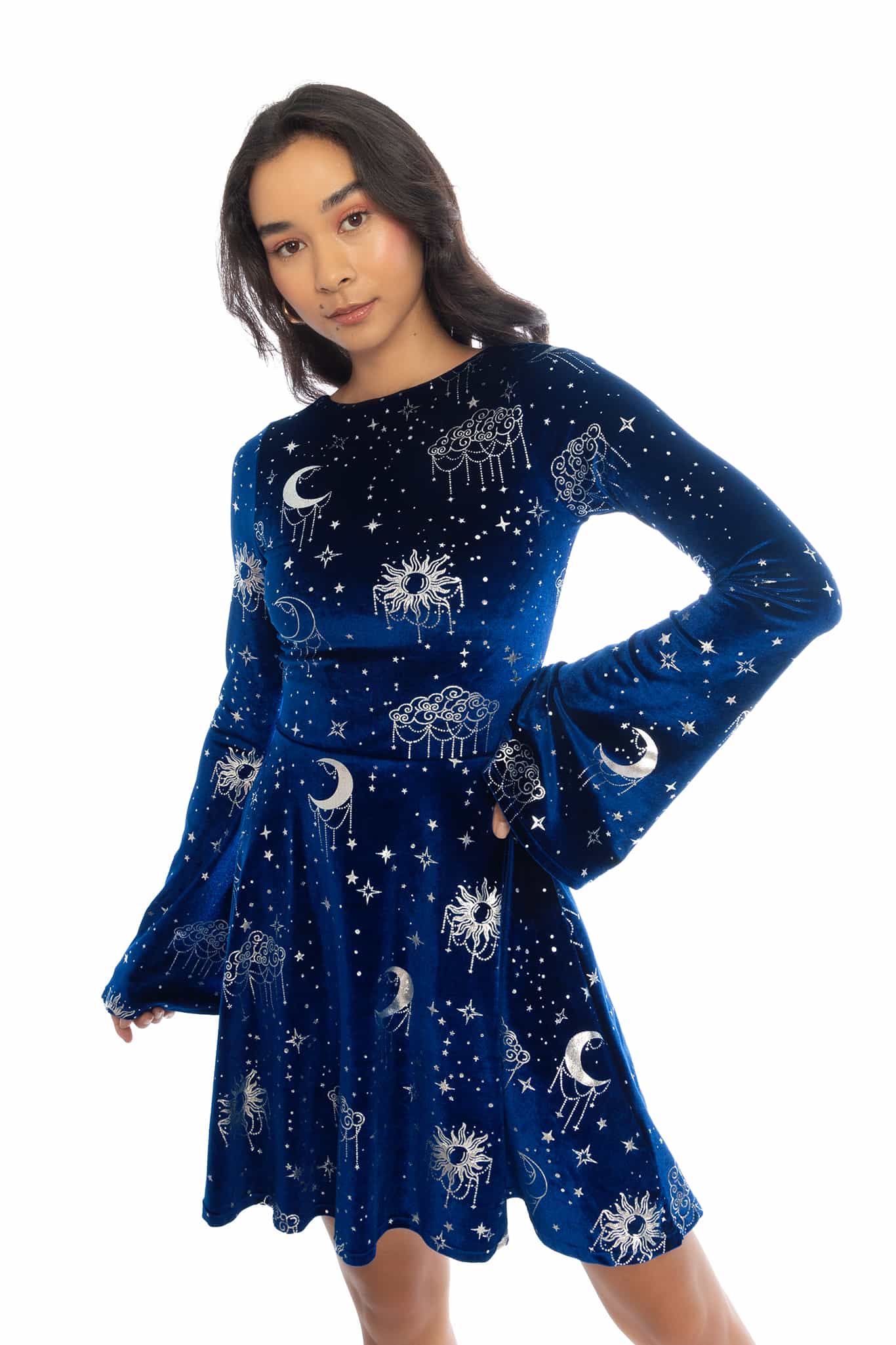 Celestial Chandelier Velvet Flare Sleeve Lace Back Dress - Image 8