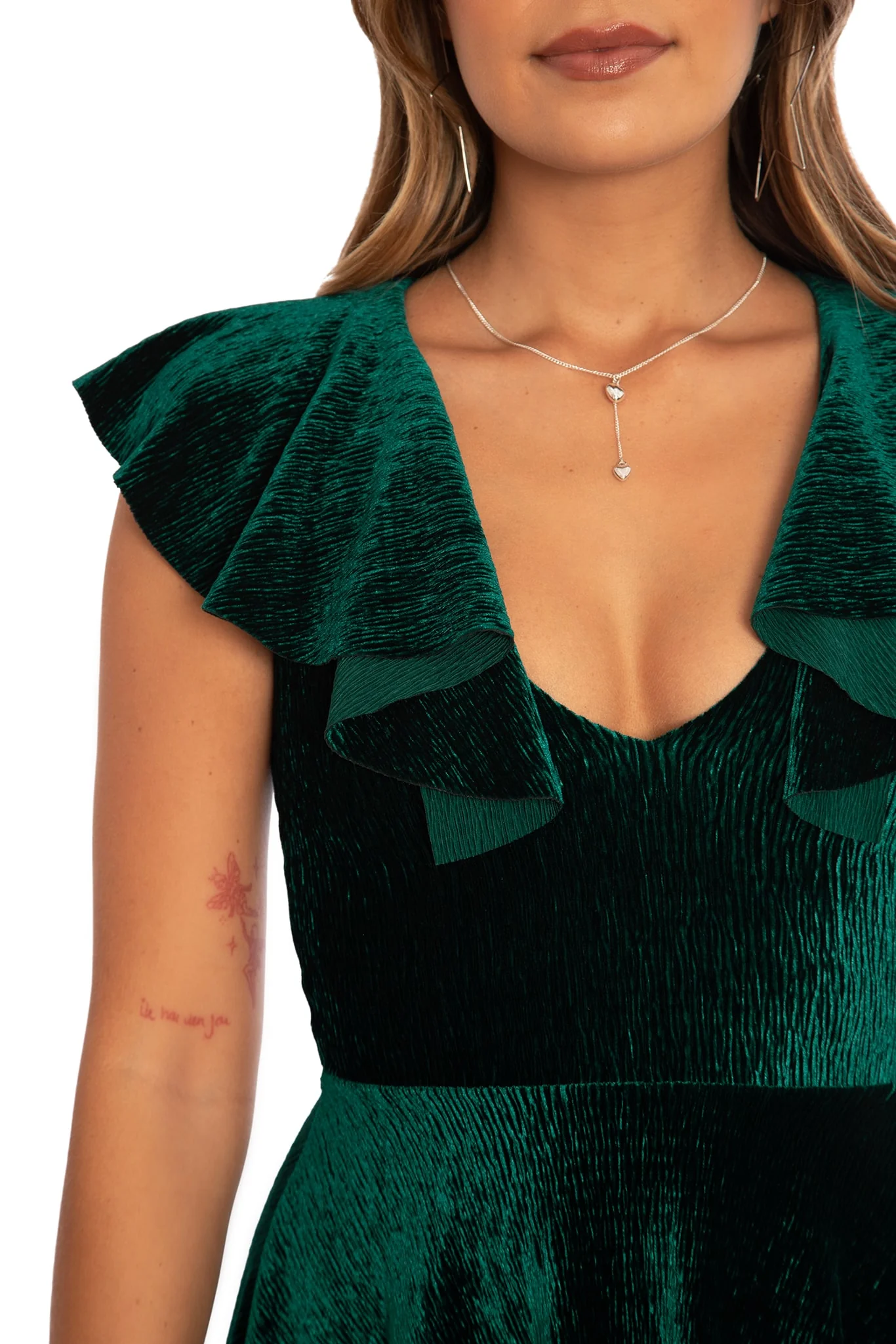 Crinkle Velvet Green Flutter Collar Dress - Image 4