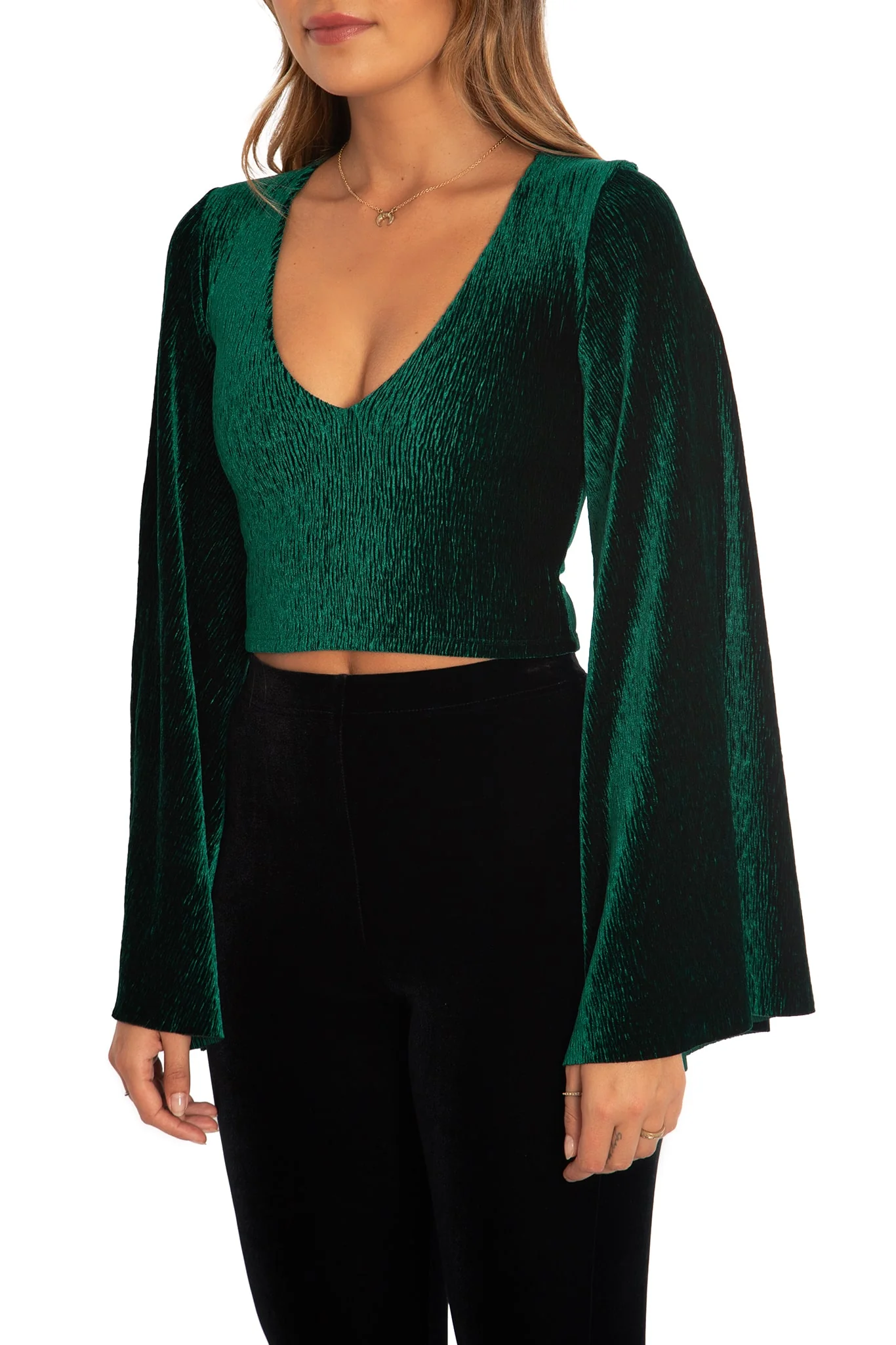 Crinkle Velvet Green Wide Sleeve Top - Image 3
