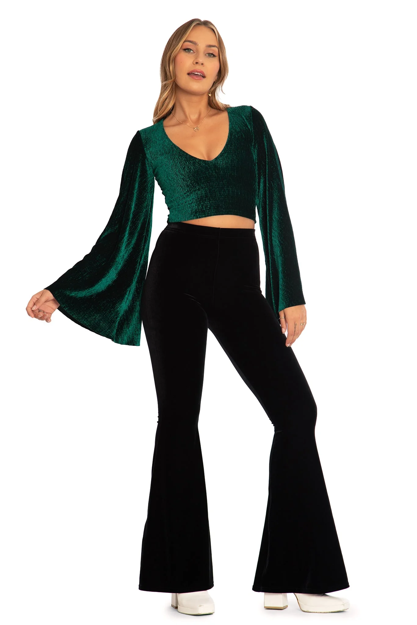 Crinkle Velvet Green Wide Sleeve Top - Image 6