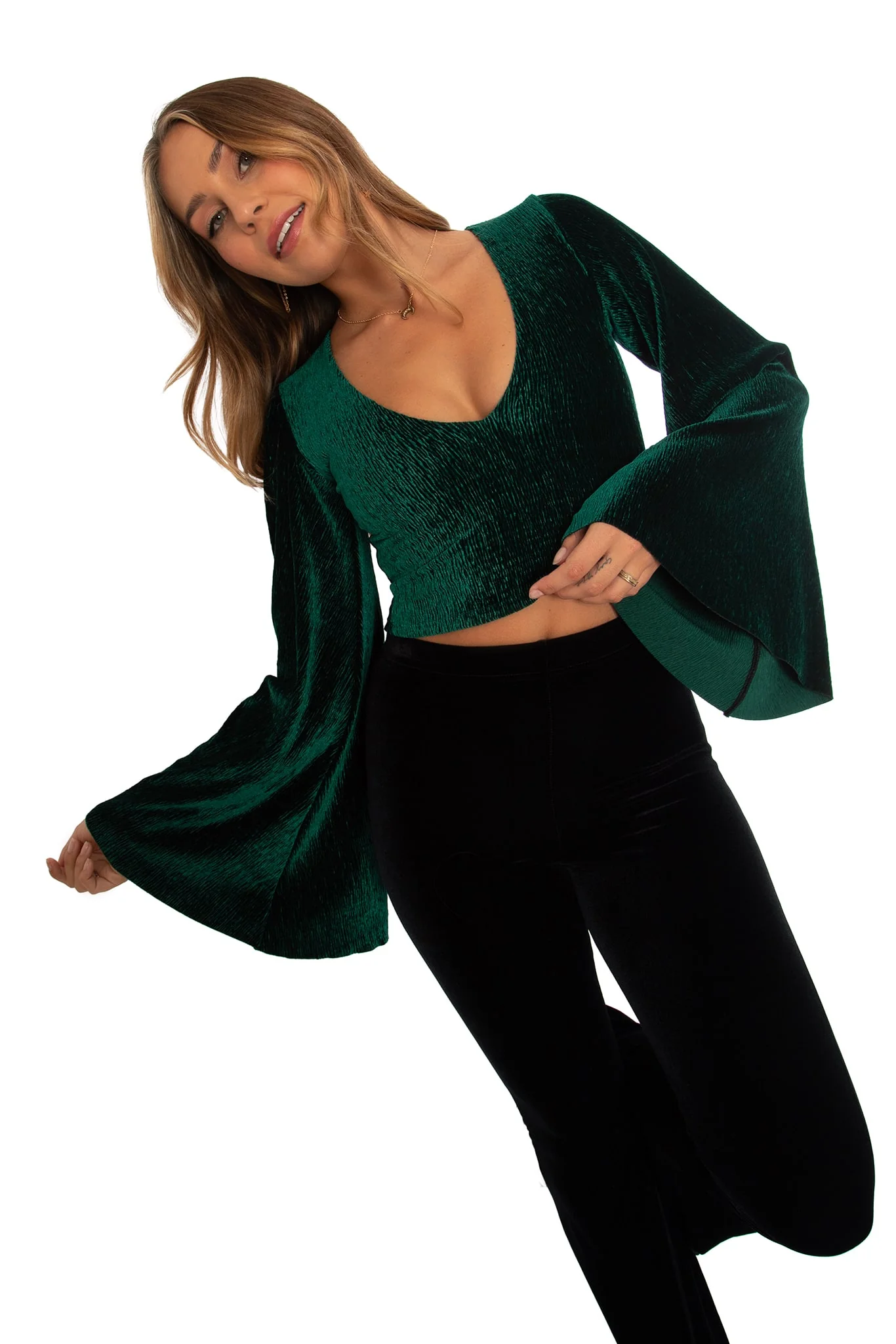 Crinkle Velvet Green Wide Sleeve Top - Image 7