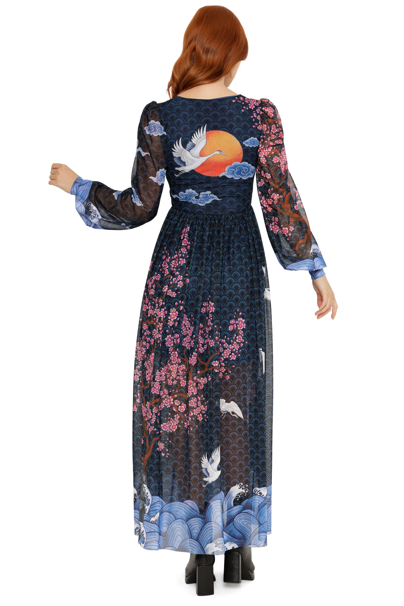 Flight of Tsuru Bishop Sleeve Maxi Dress - Image 3