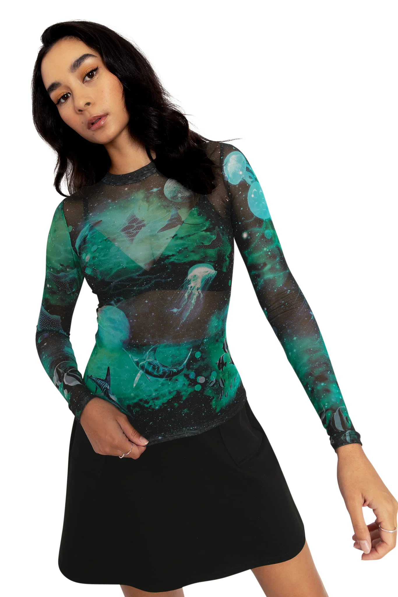 Galactic Ocean Sheer High Neck Long Sleeve Top