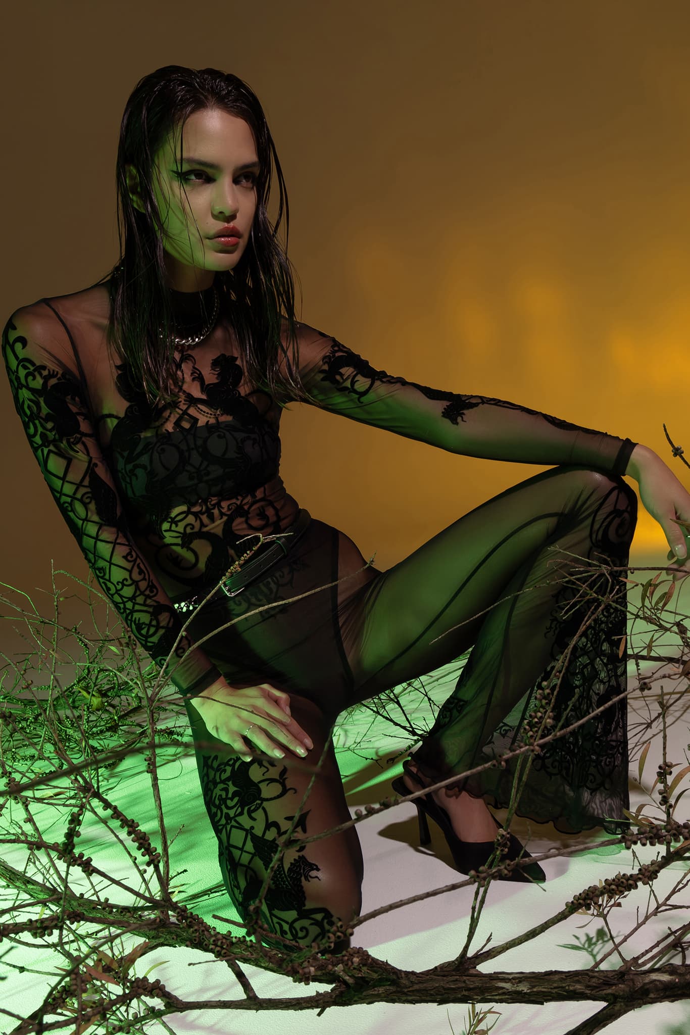 Gothic Gates Sheer High Neck Long Sleeve Bodysuit - Image 4