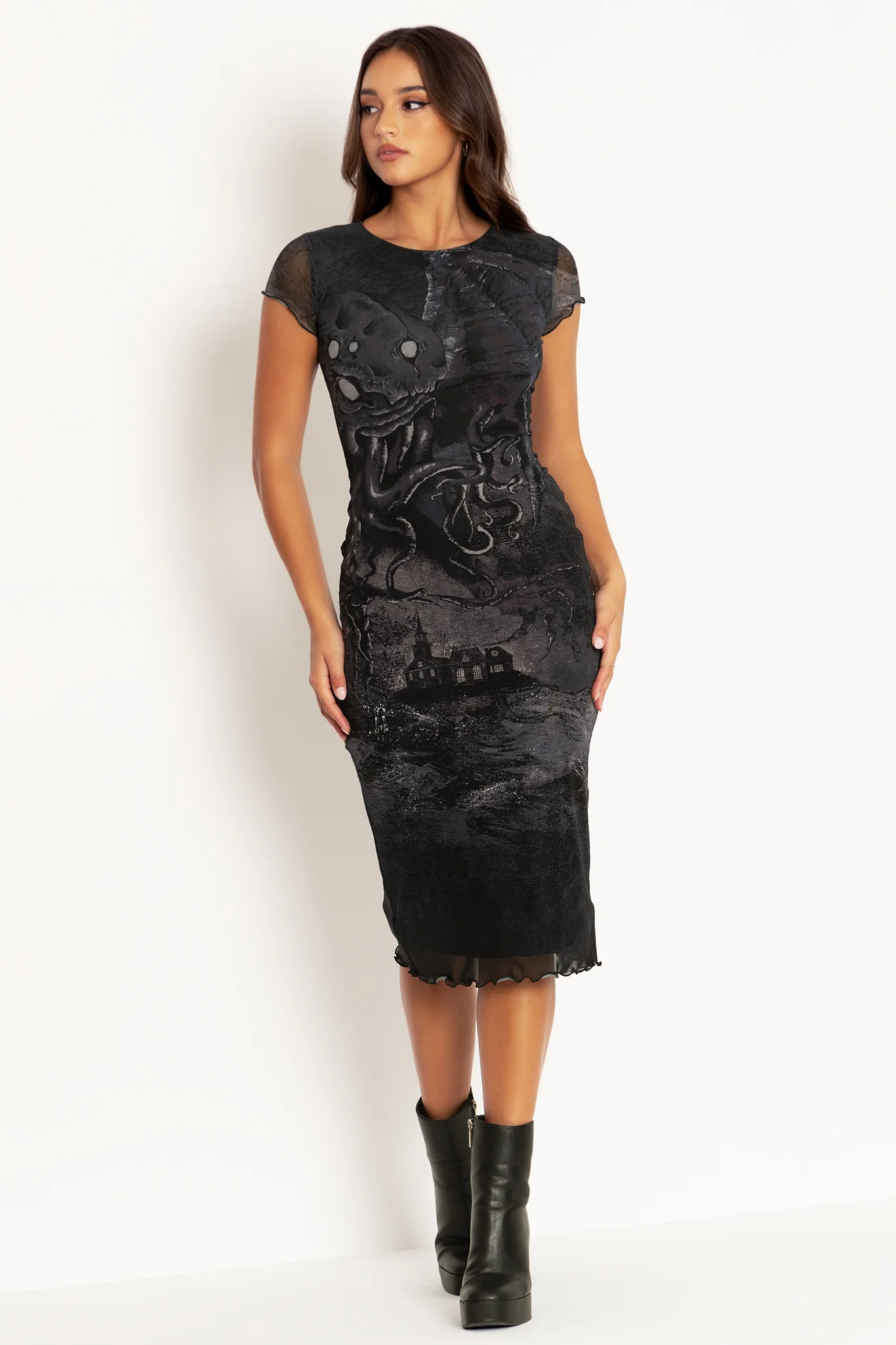 Great Old Ones Sheer Cap Sleeve Bodycon Dress