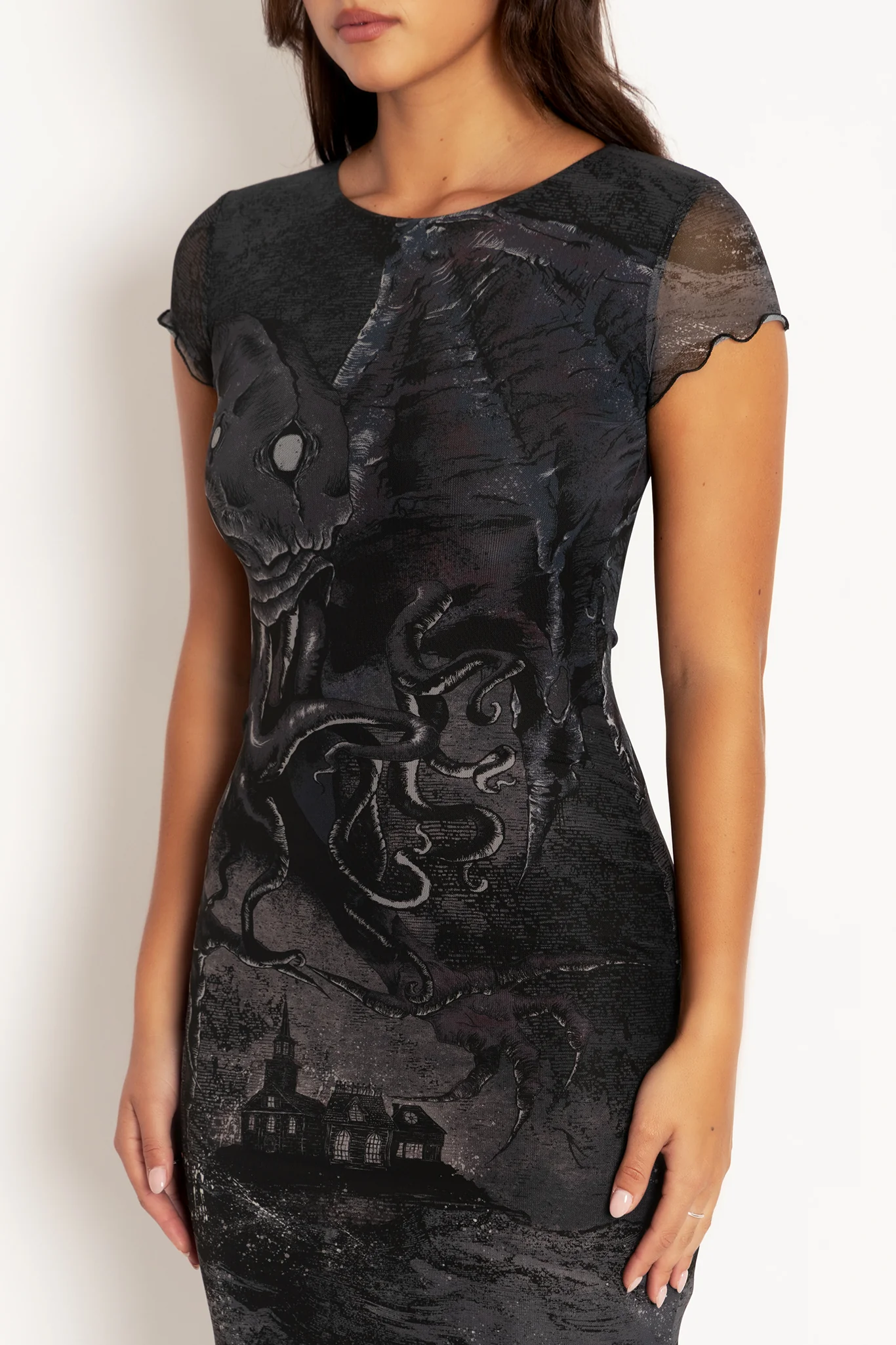 Great Old Ones Sheer Cap Sleeve Bodycon Dress - Image 3