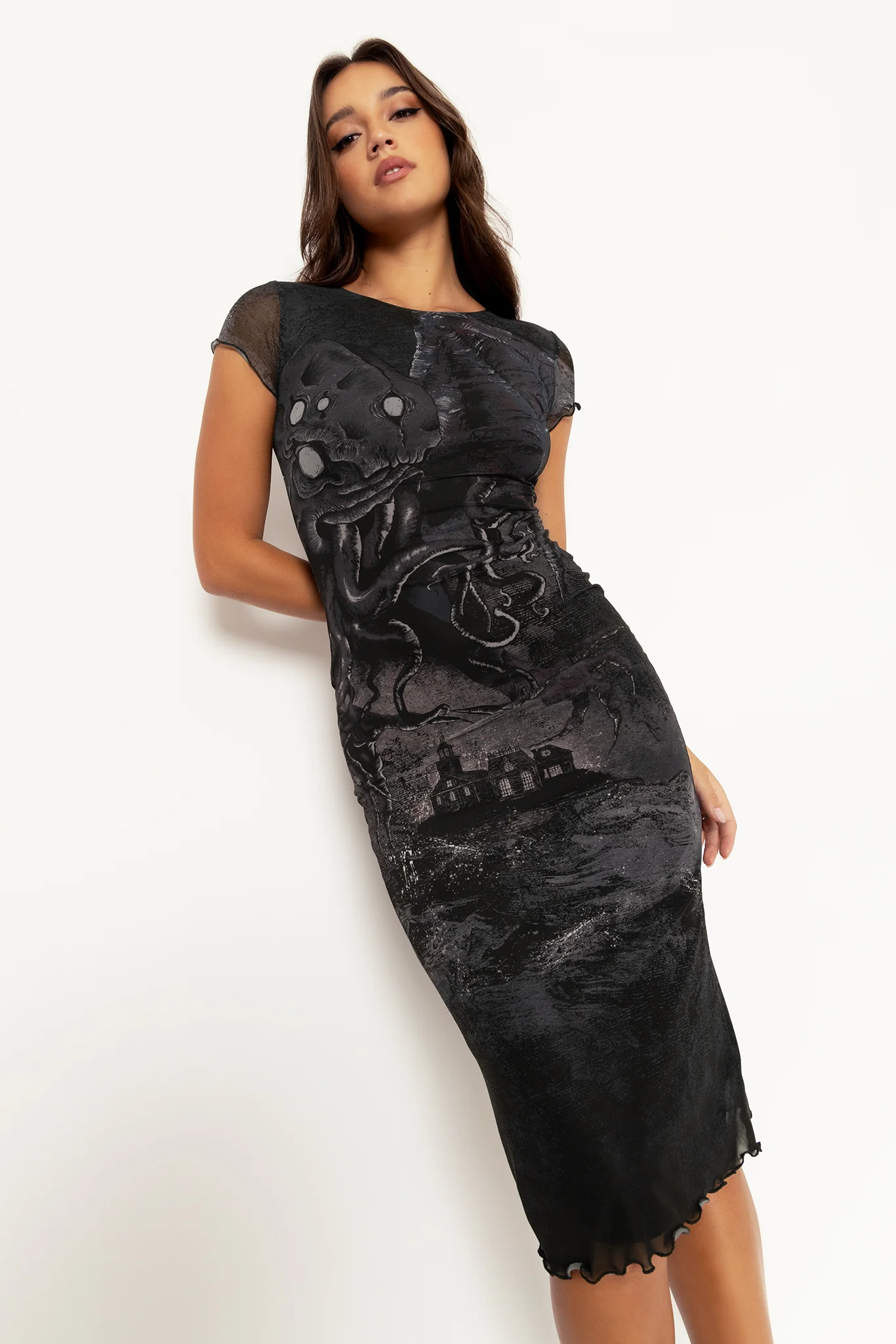 Great Old Ones Sheer Cap Sleeve Bodycon Dress - Image 6