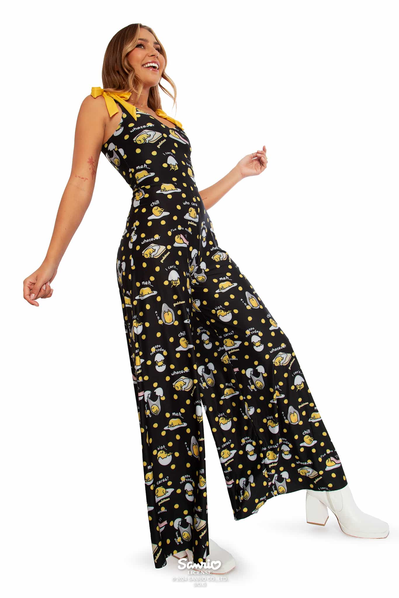Gudetama Yolka Dots Black Wide Leg Tie Jumpsuit - Image 8