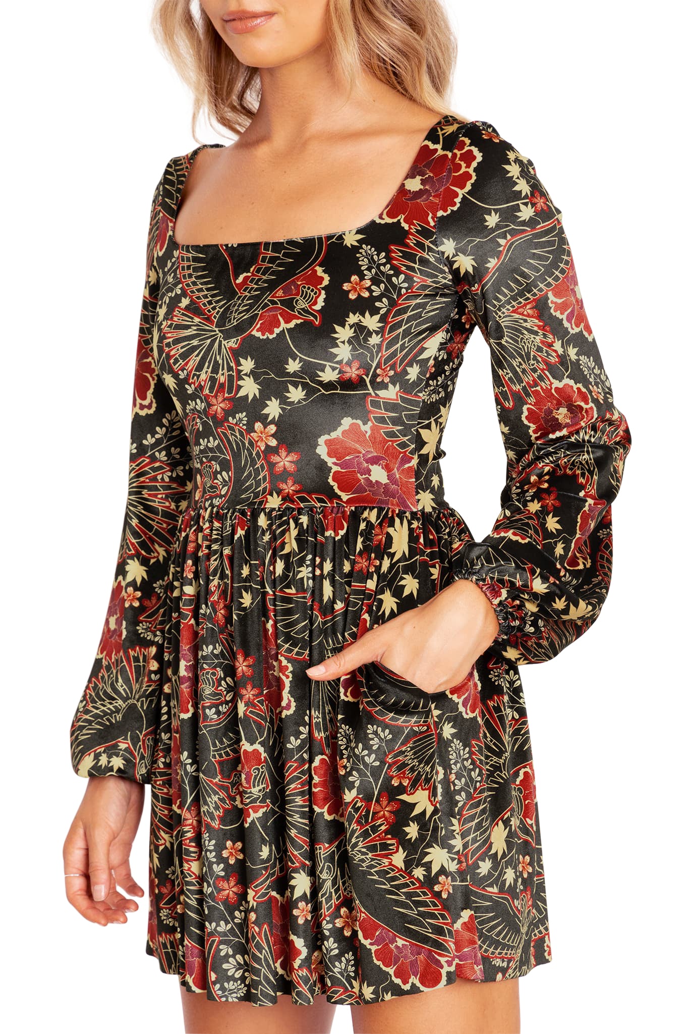 Ho-Oh Wallpaper Velvet Squared Up Bishop Skater Dress - Image 3