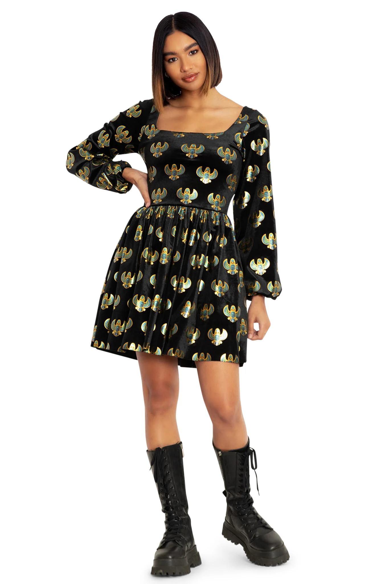 Jewelled Scarab Velvet Squared Up Bishop Skater Dress