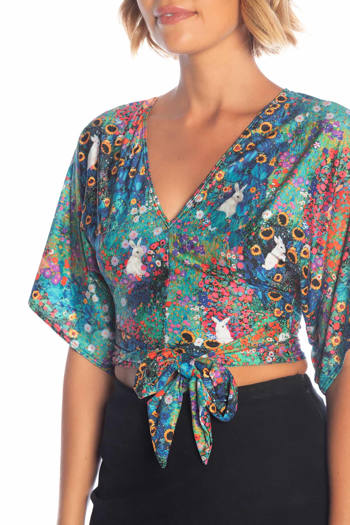 Klimt Collage Bunnies Kimono Tie Top - Image 7