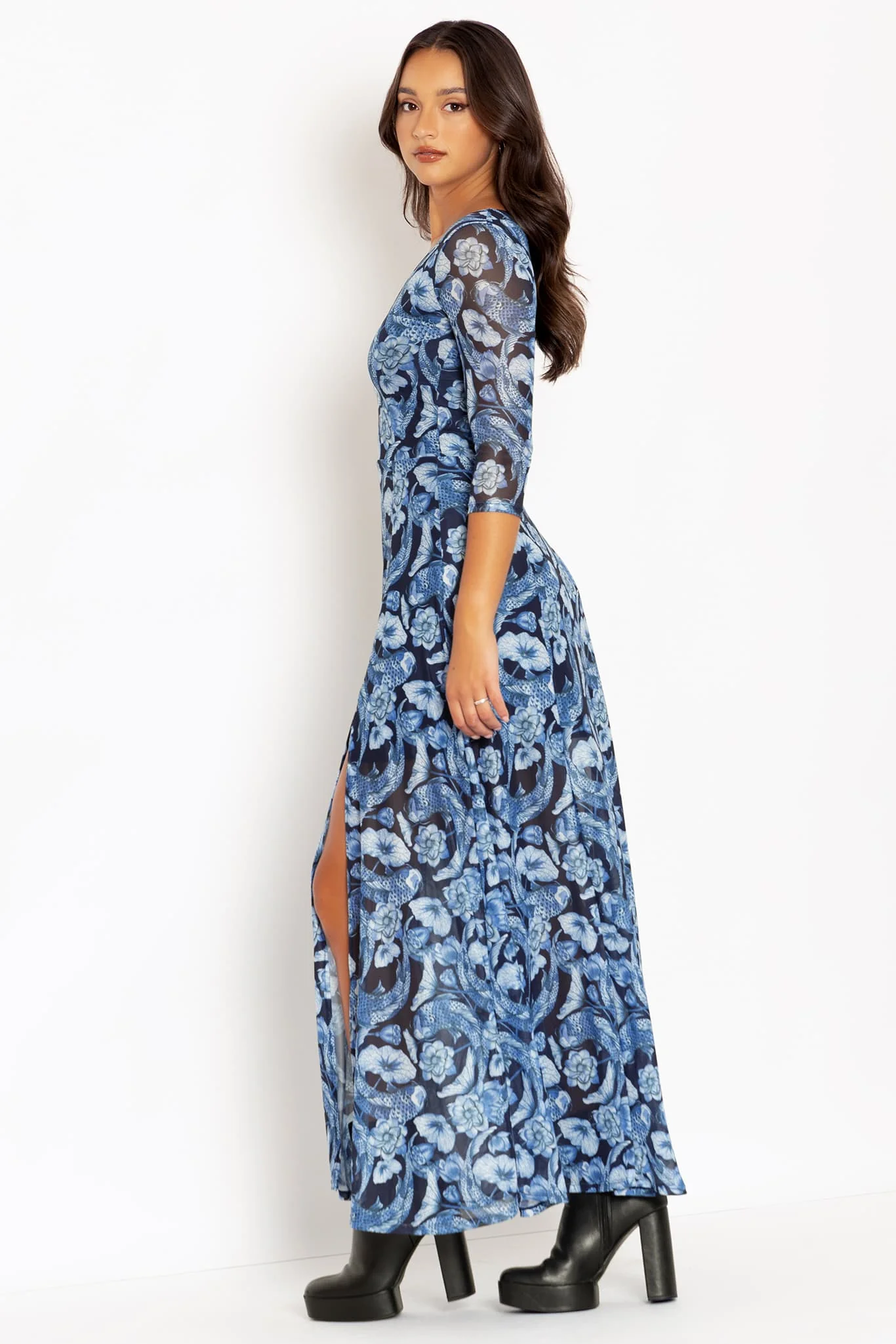 Koi Pond Blue 3/4 Sleeve Split Maxi Dress - Image 5
