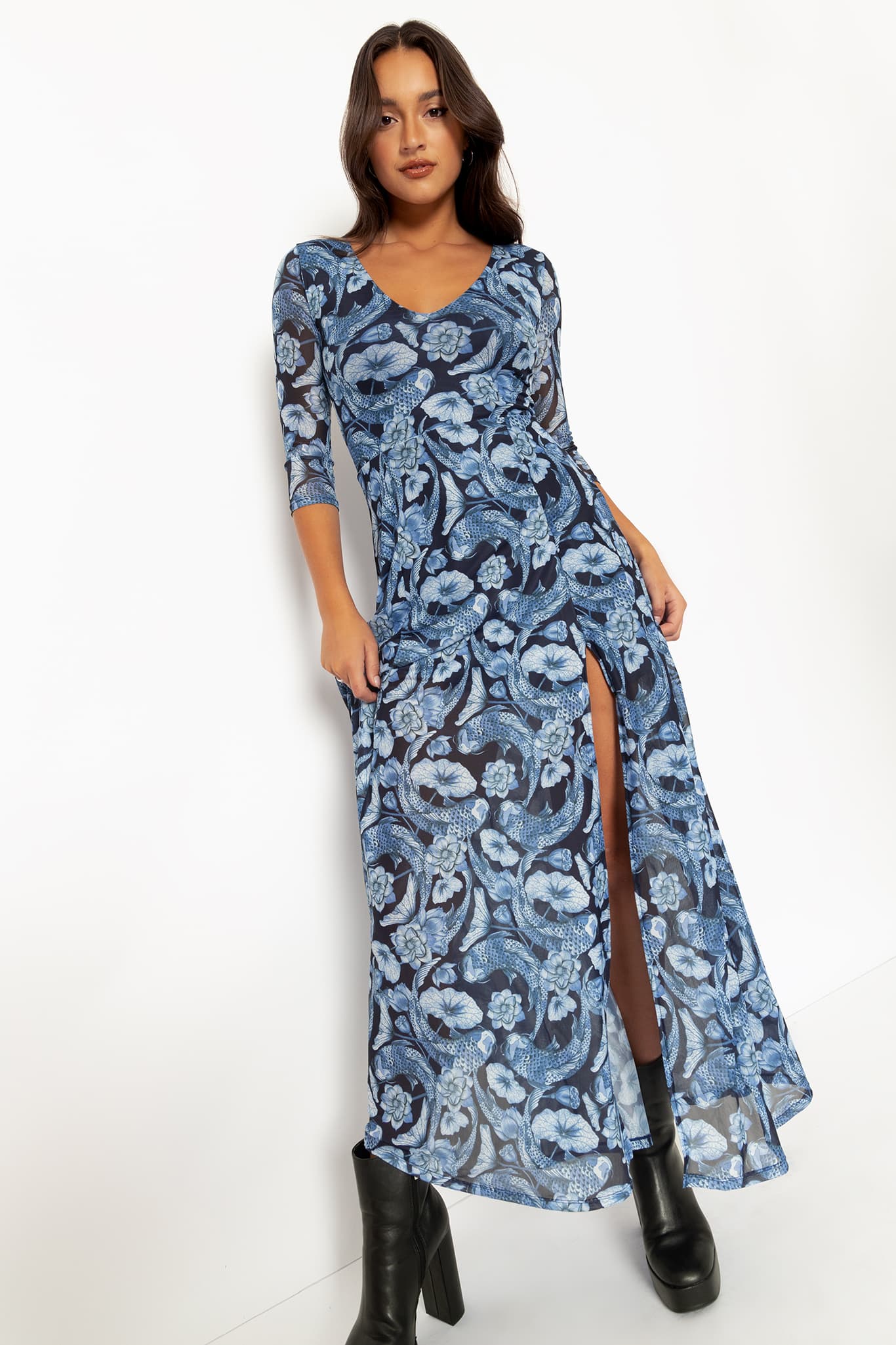 Koi Pond Blue 3/4 Sleeve Split Maxi Dress - Image 6