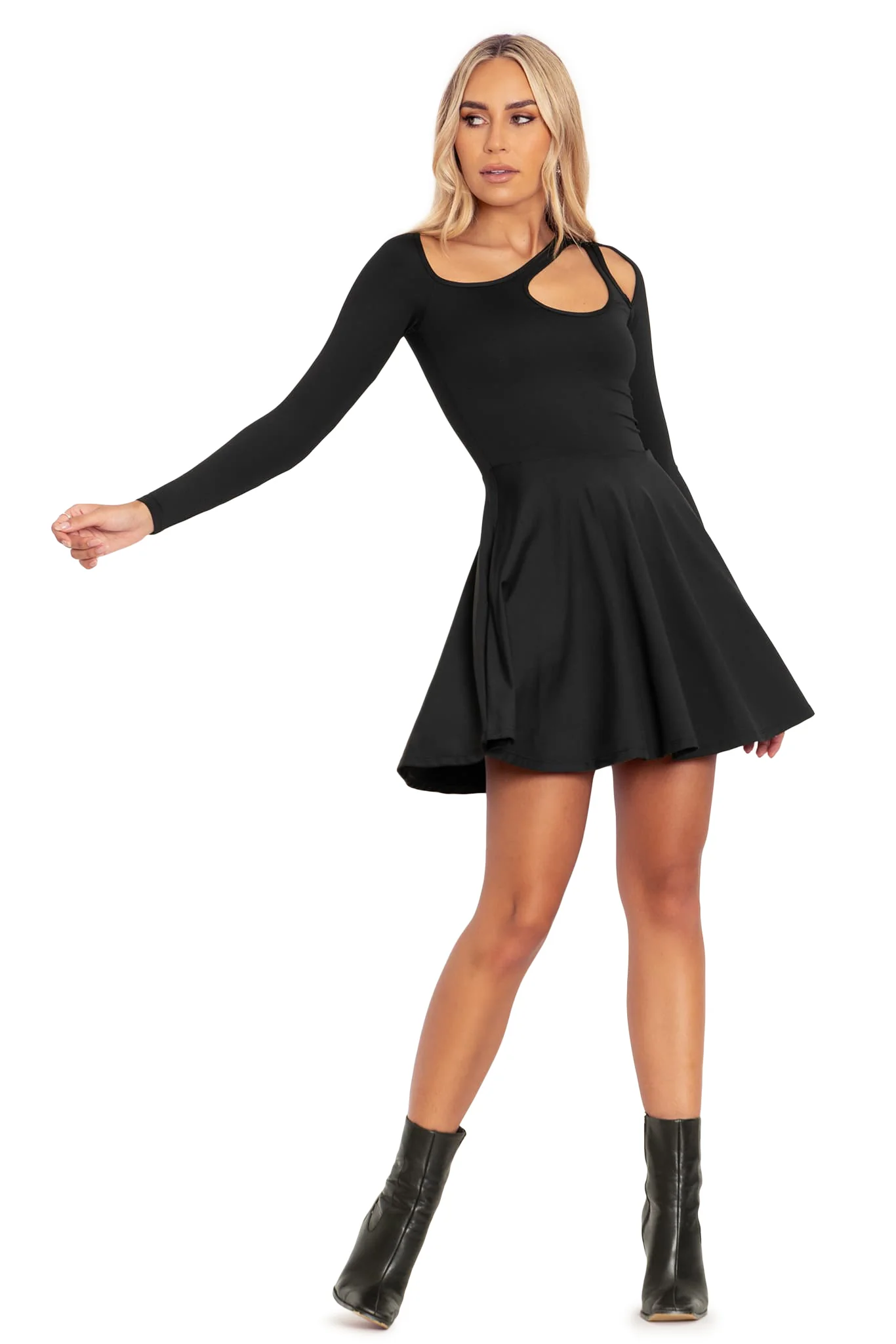 Matte Black Cut Out Long Sleeve Skater Dress