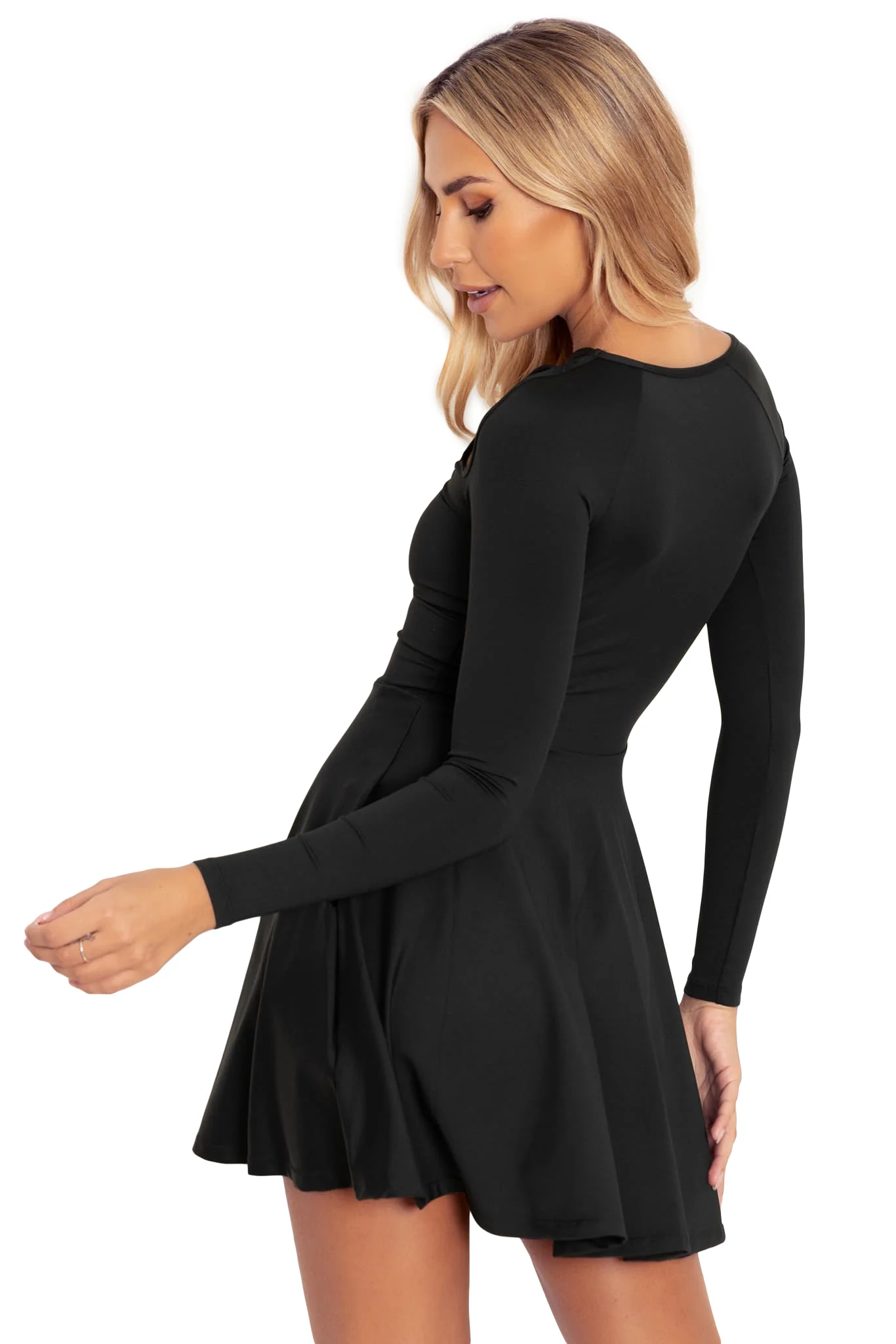 Matte Black Cut Out Long Sleeve Skater Dress - Image 2
