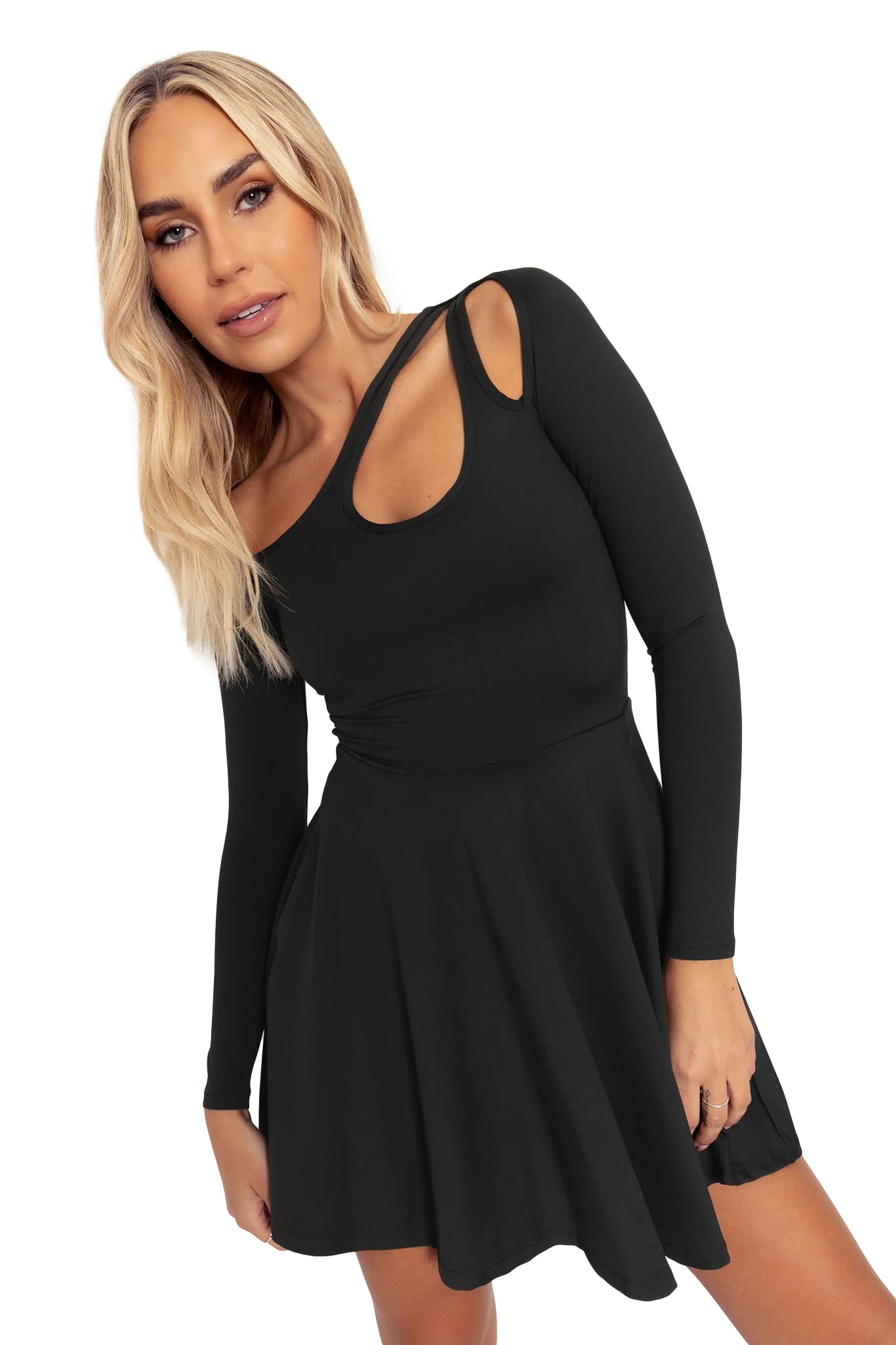 Matte Black Cut Out Long Sleeve Skater Dress - Image 4